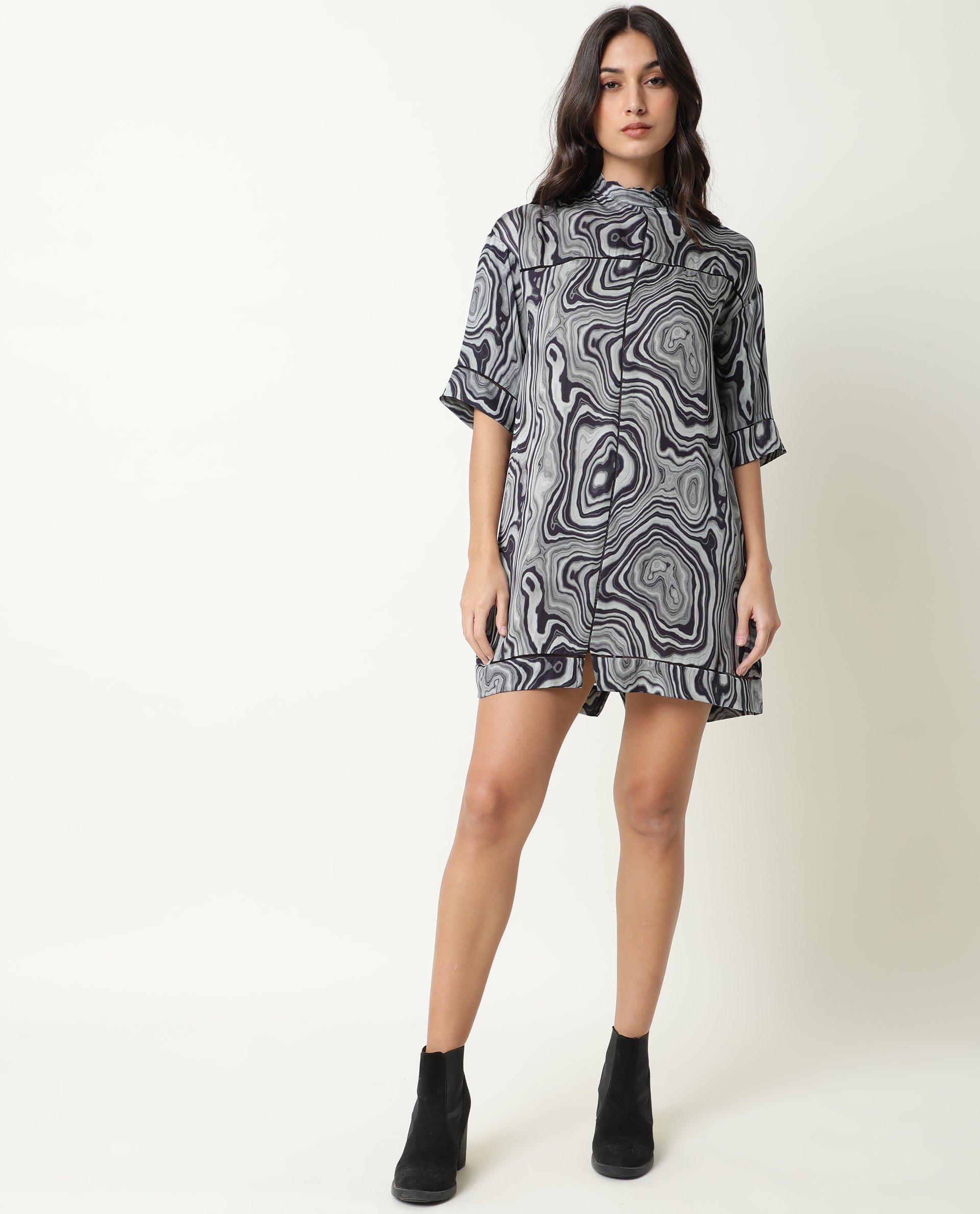 Rareism Women Favor Black Abstract Print High Neck Half Sleeves Mini Dress