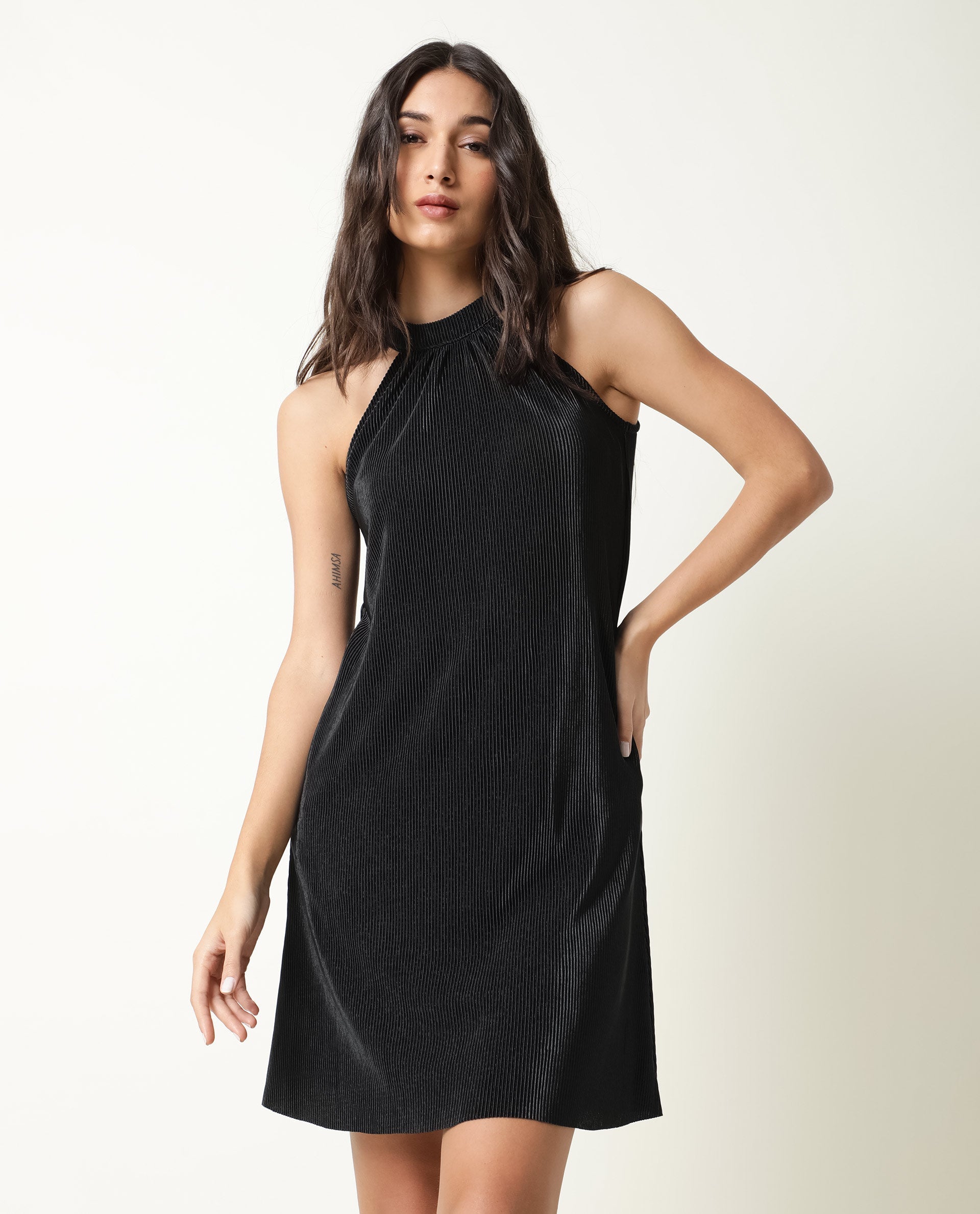 Rareism Womens Petroit Black  Dress Polester Fabric Regular Fit Sleeveless Halter Neck