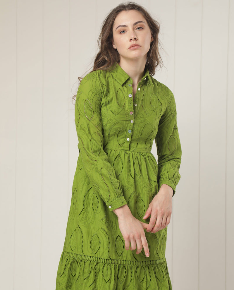 Rareism Women Darcy Green Cotton Fabric Full Sleeves Button Closure Shirt Collar Slim Fit Schiffili Knee Length Empire Dress