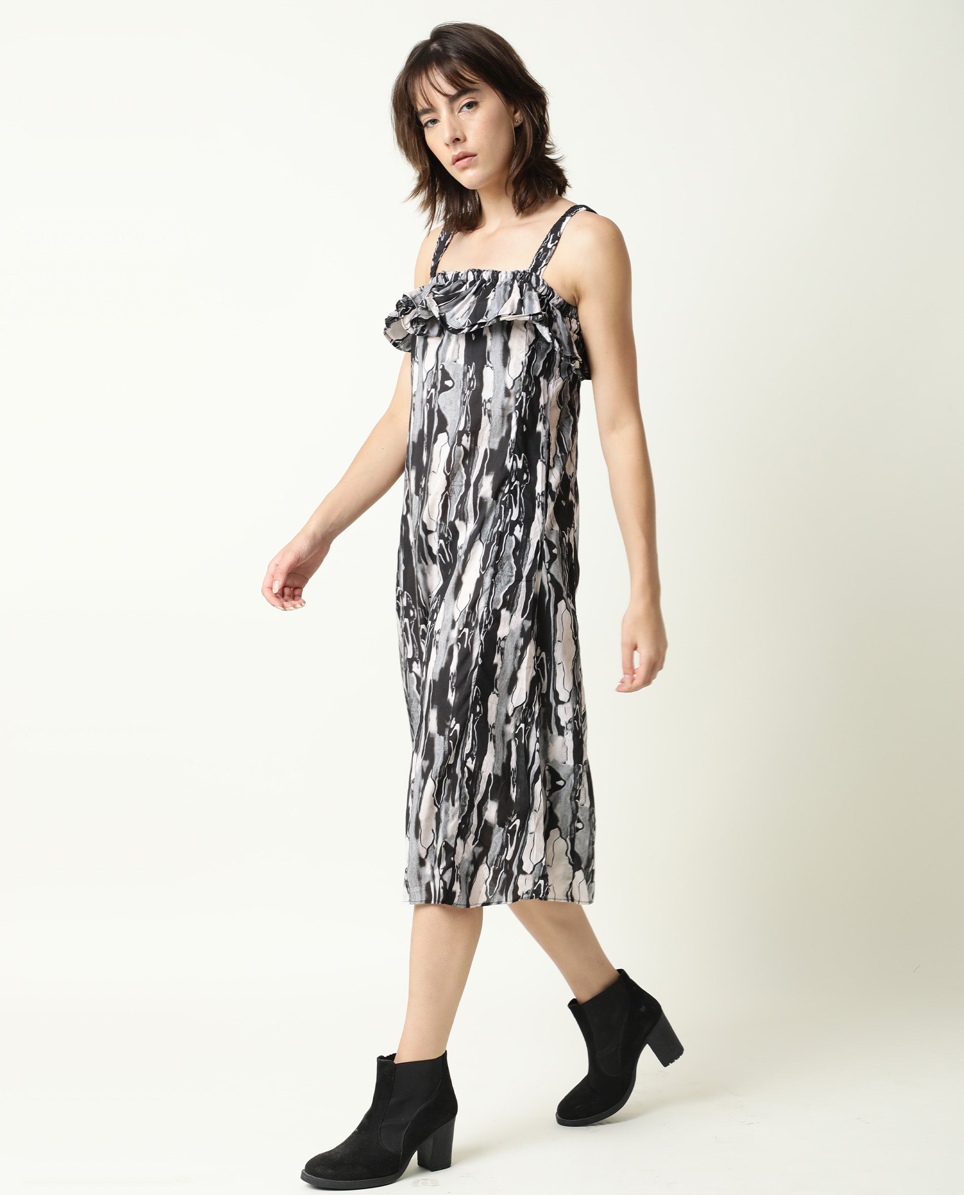 Rareism Women Darling Black Abstract Print Broad Shoulder Straps Ruffled Square Neck Midi Dress