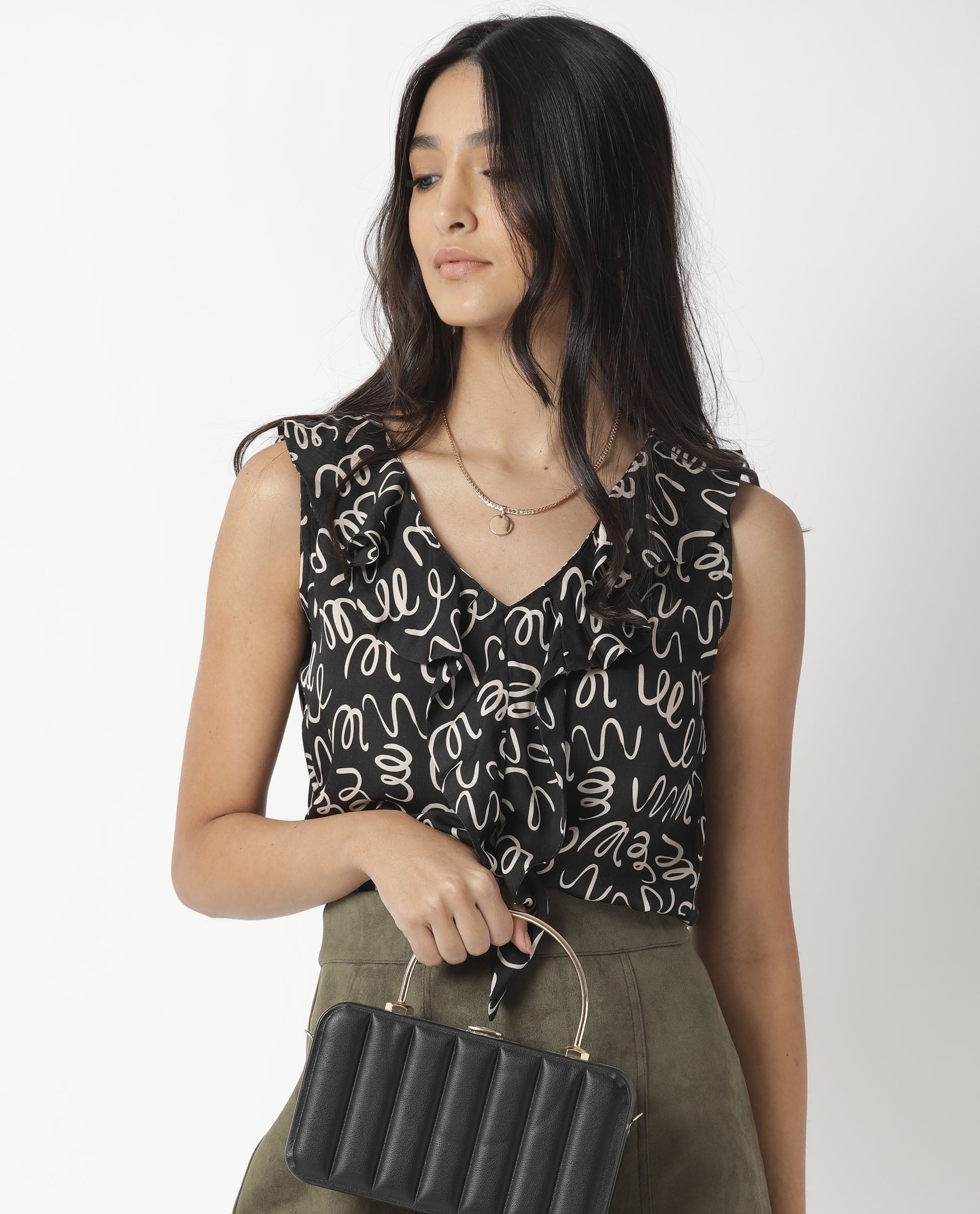 Rareism Women Curls Black Modal Satin Fabric Tailored Fit V-Neck Sleeveless Abstract Print Top