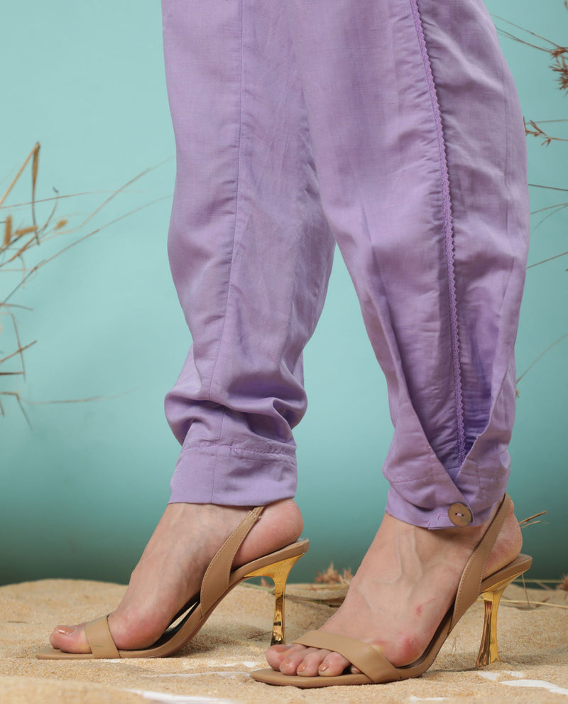 Rareism Women Erin Pastel Purple Modal Linen Fabric Tailored Fit Plain Ankle Length Trousers