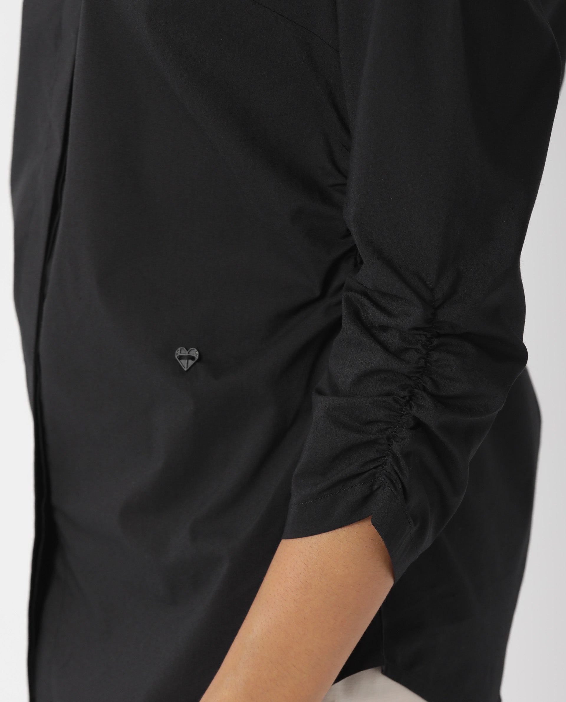 Rareism Women Cuddle Black Cotton Lycra Fabric Regular Fit Shirt Collar 3/4Th Sleeves Solid Top