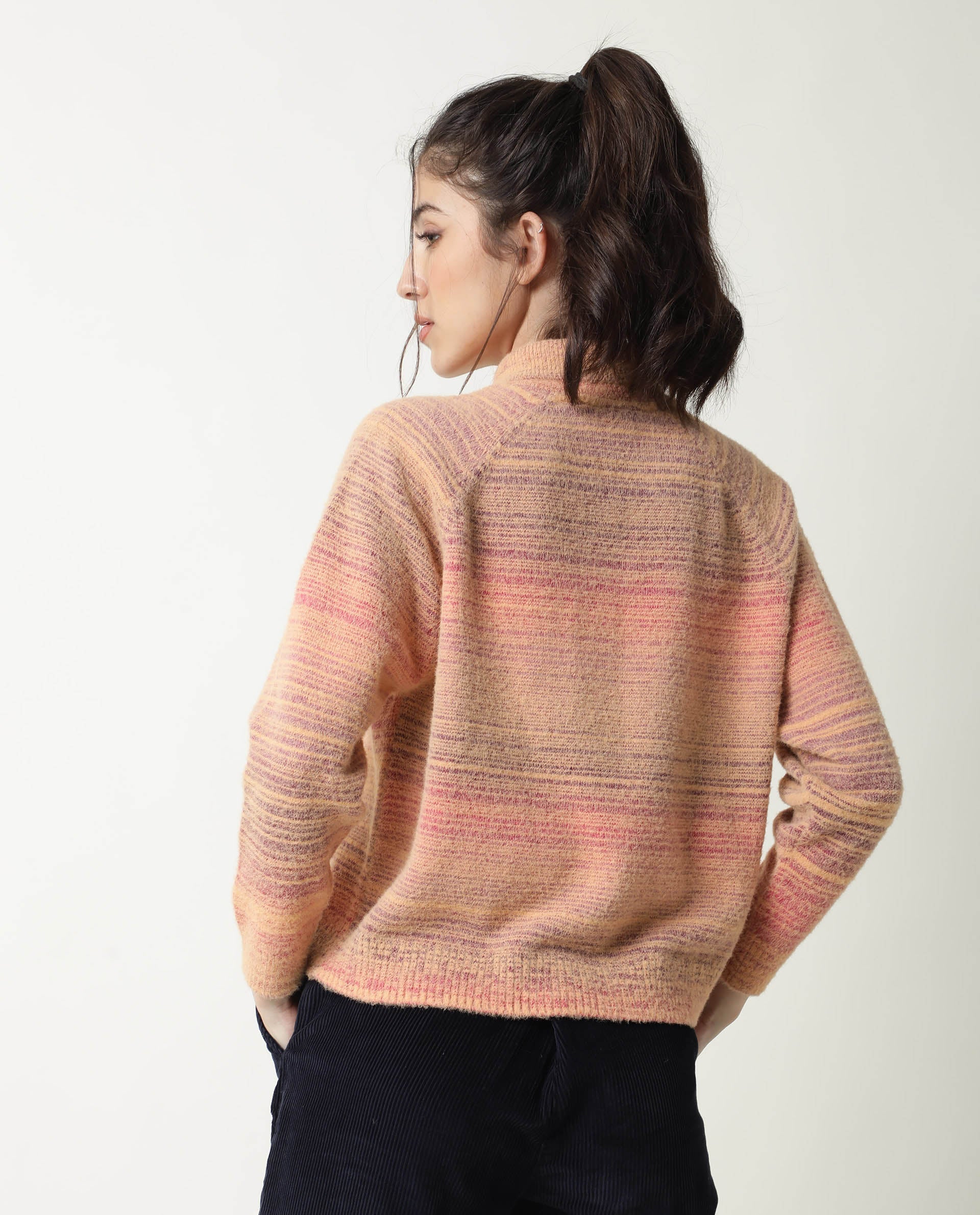 Rareism Women Rosalva Pink Nylon Fabric Full Sleeves Knee Length Regular Fit Ombre High Neck Sweater