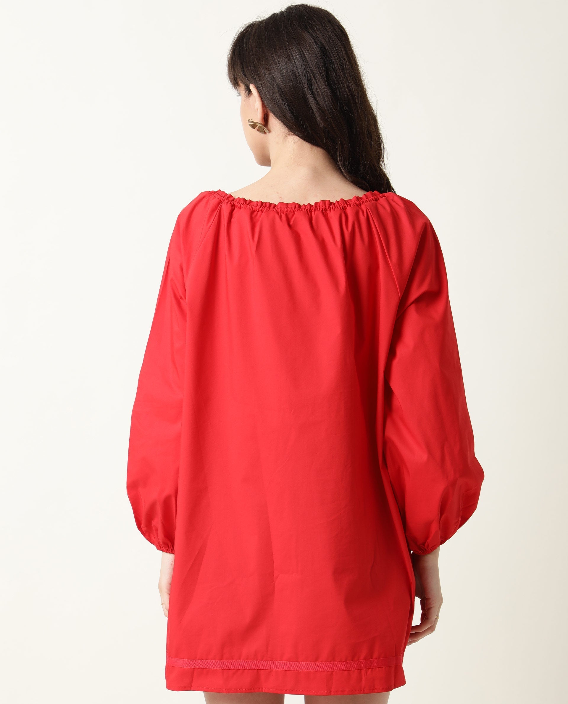 Rareism Womens Sapie Red Dress Cotton Fabric Boxy Fit Round Neck