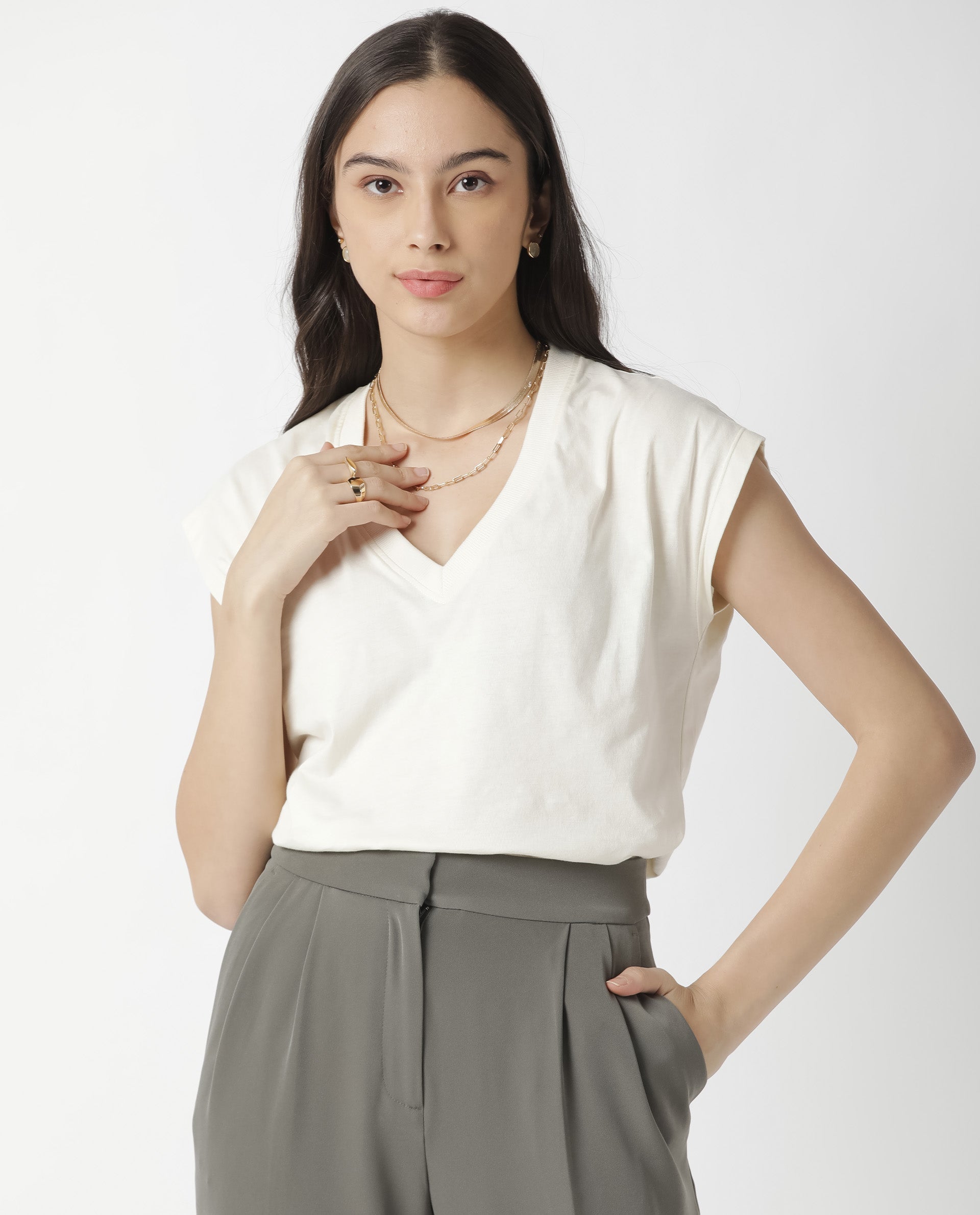 Rareism Women Debra Off White Cotton Fabric Regular Fit Half Sleeves Solid Crew Neck T-Shirt