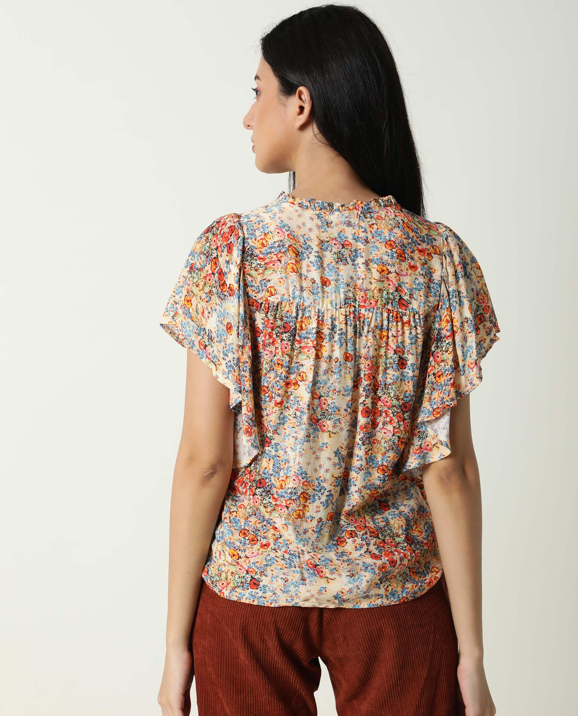 Rareism Women's Nigel Offwhite Cotton Blend Tie-Up Neck Floral Print Ruffled Sleeve Relaxed Fit Top