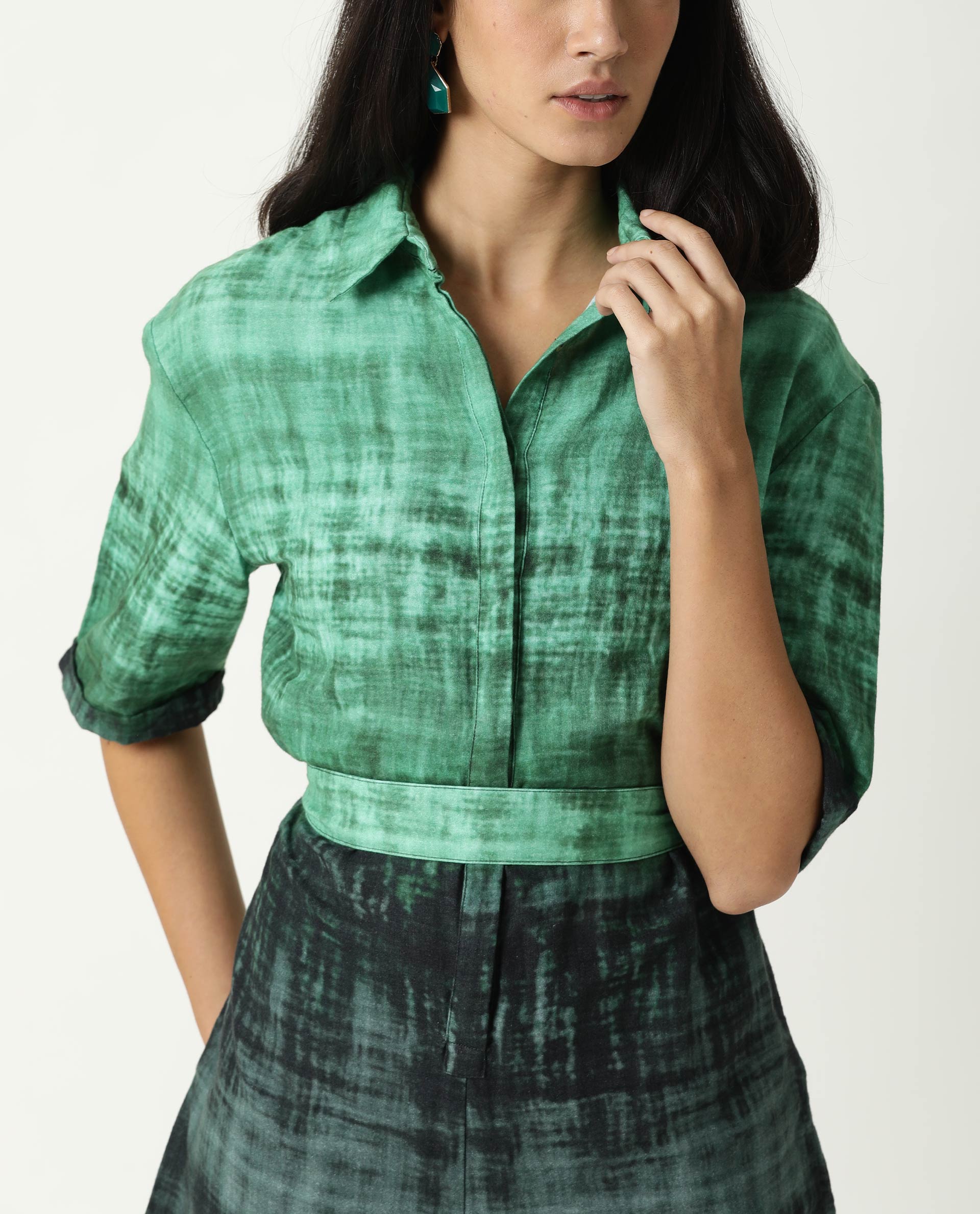 Rareism Womens Grizzle Green Top Cotton Fabric Regular Fit Half Sleeve Collared Neck