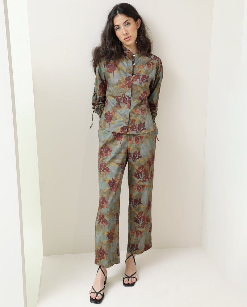 Rareism Women Milan Dark Olive Cotton Fabric Button Fly Closure Tailored Fit Floral Print Ankle Length Trousers