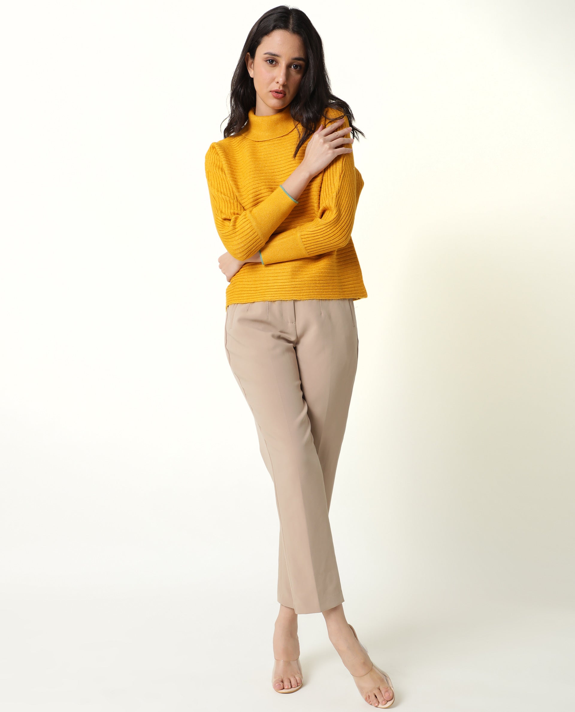 Rareism Women's Levour Mustard Acrylic Turtle Neck Plain Relaxed Fit Sweater