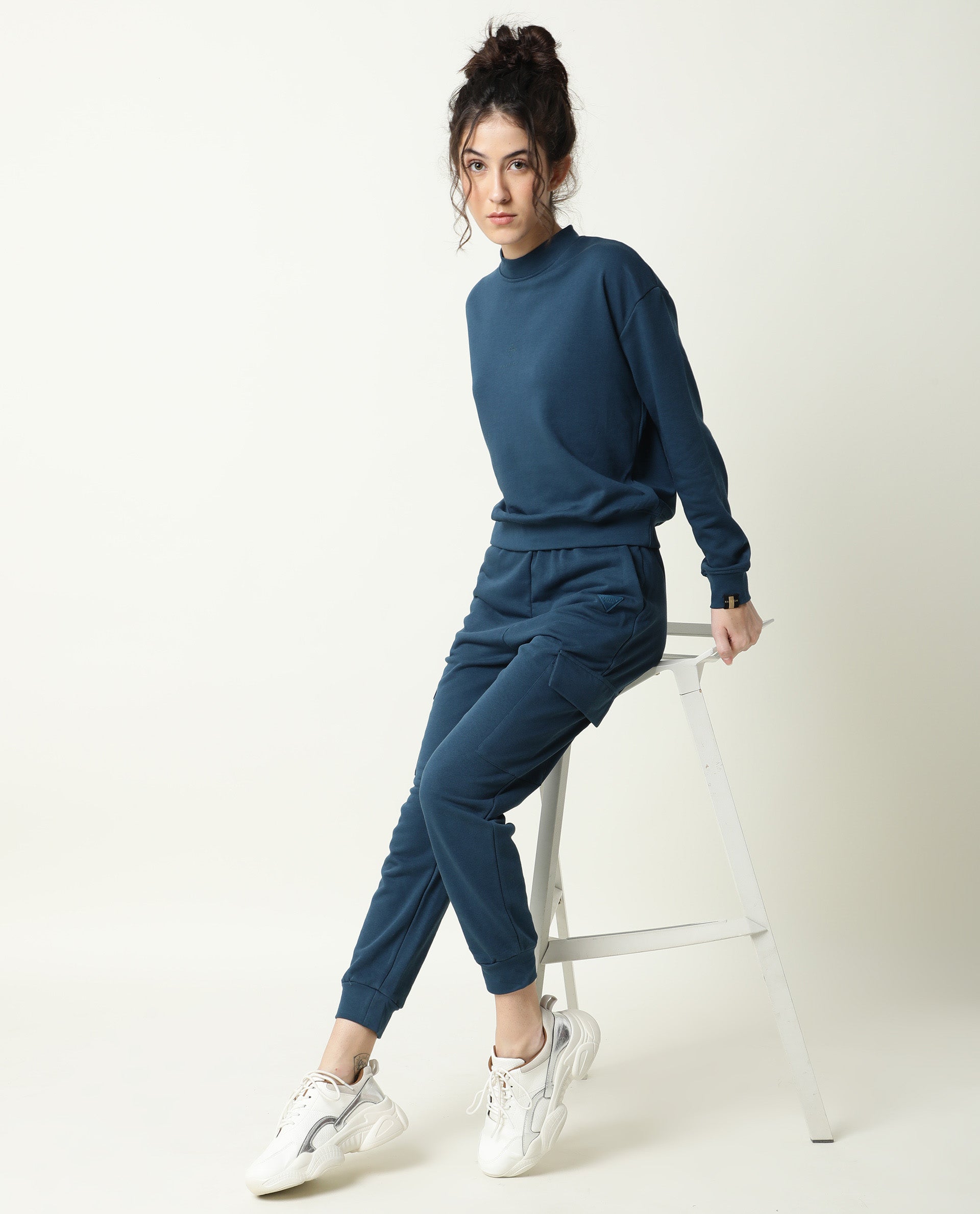 Rareism Women Necker Petrol  Relaxed Fit Full Sleeves Solid High Neck Sweatshirt