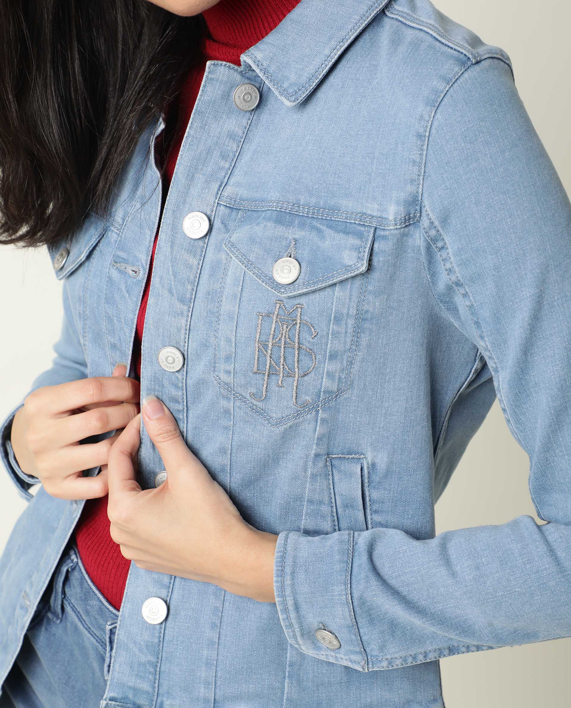 Rareism Women Misso Light Blue Cotton Lycra Fabric Full Sleeves Solid Shirt Collar Jacket