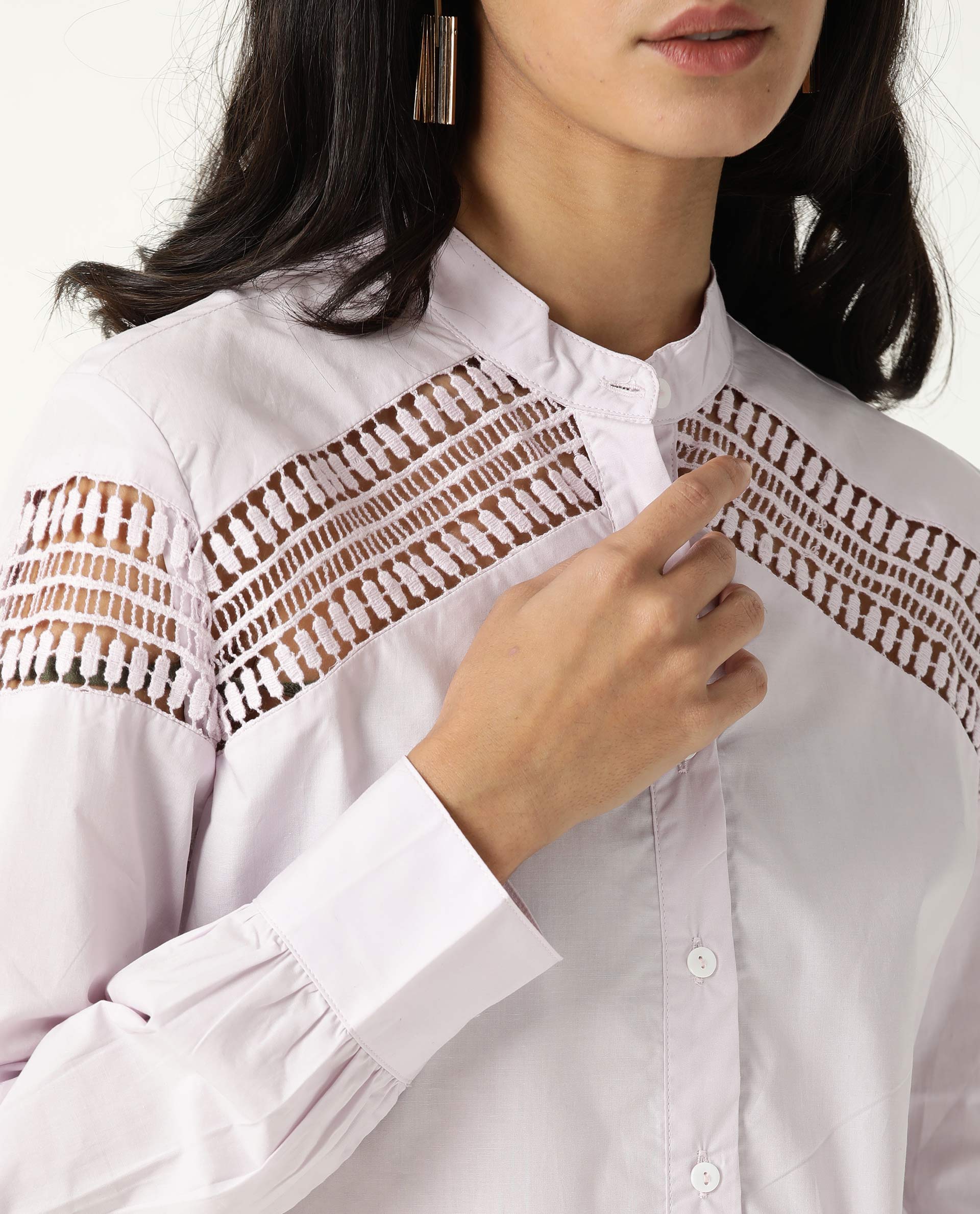 Rareism Women Zoom Pastel Purple Cotton Fabric Regular Fit Mandarin Collar Full Sleeves Solid Top