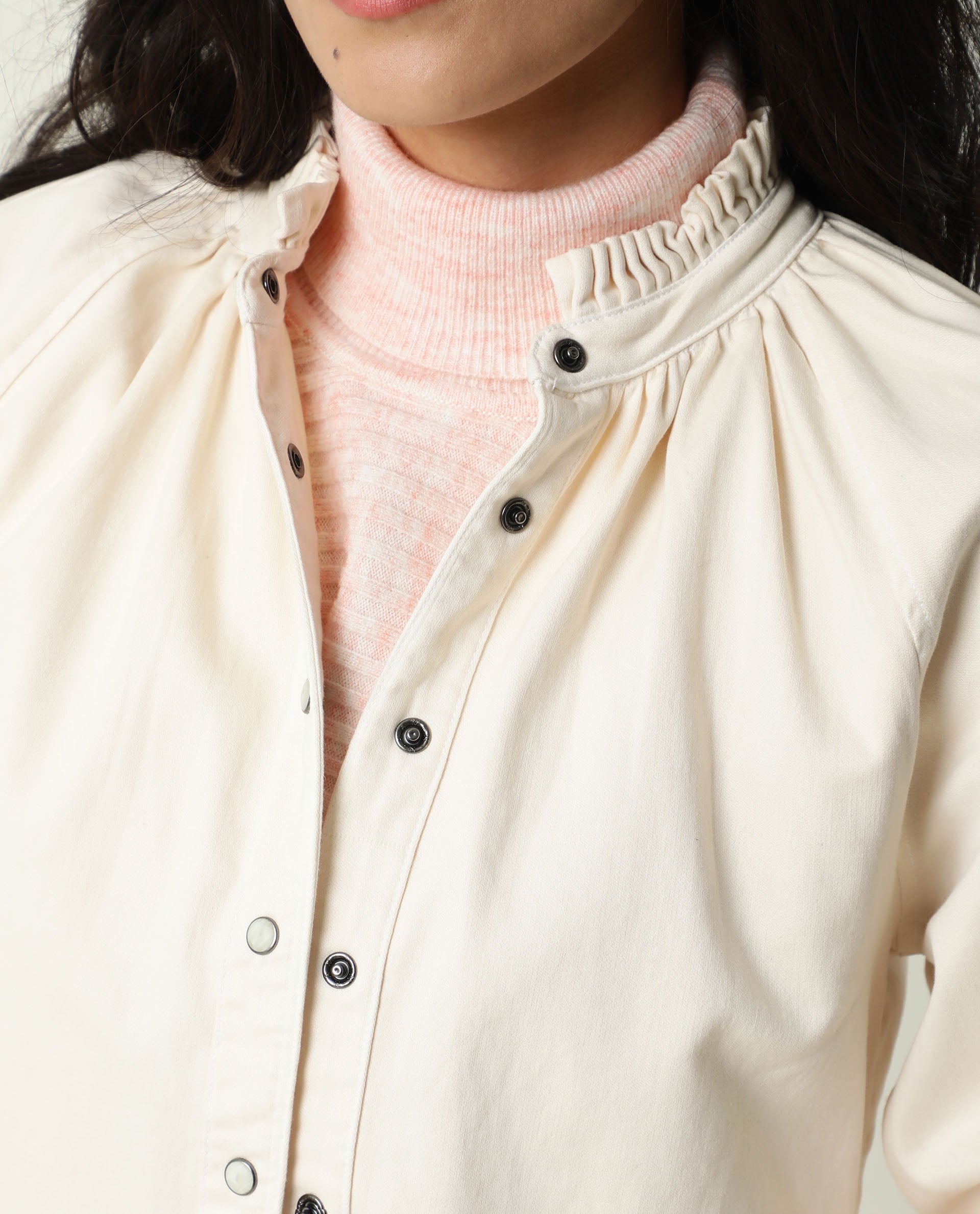 Rareism Women Bellona Off White Cotton Fabric Full Sleeves Solid Ruffled Neck Jacket