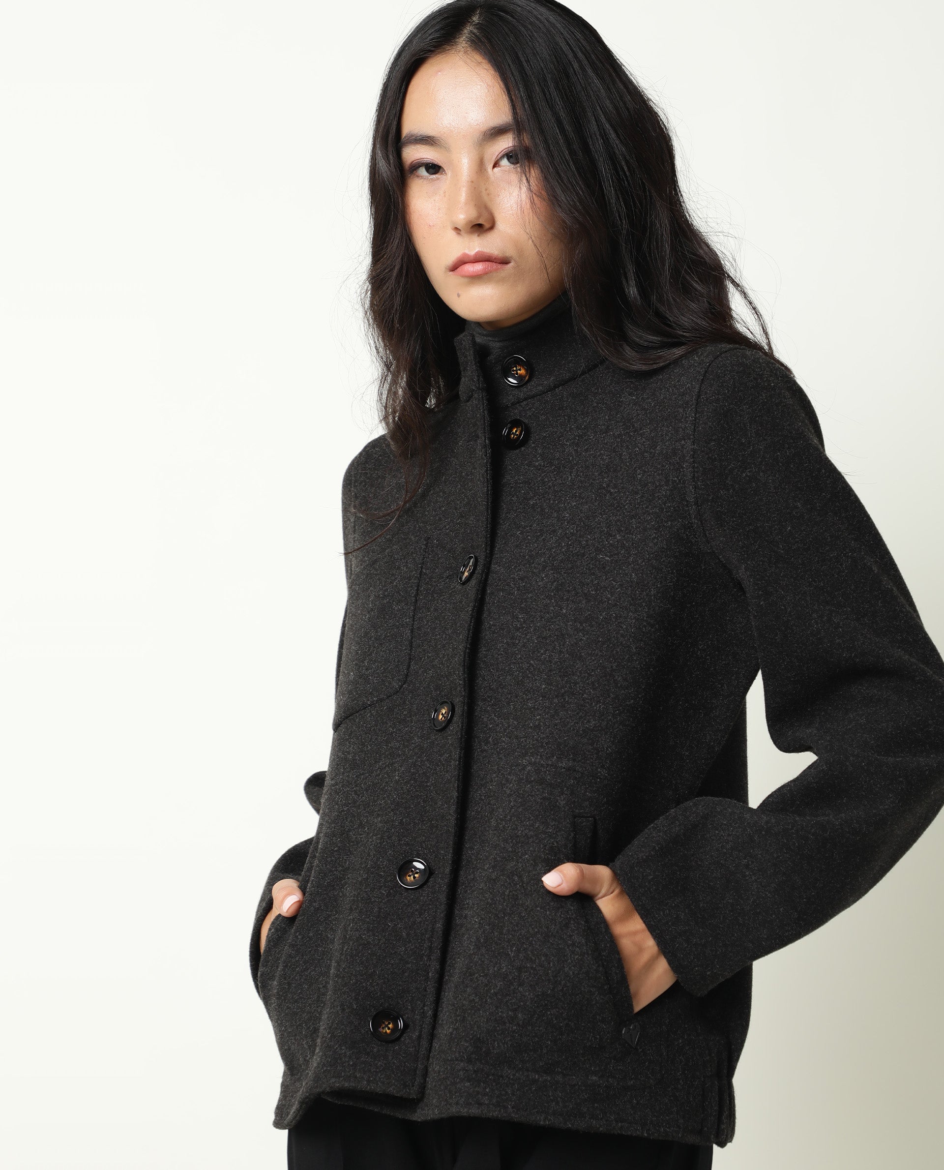 Rareism Women Comico Black Polyester Fabric Full Sleeves Solid Mandarin Collar Jacket