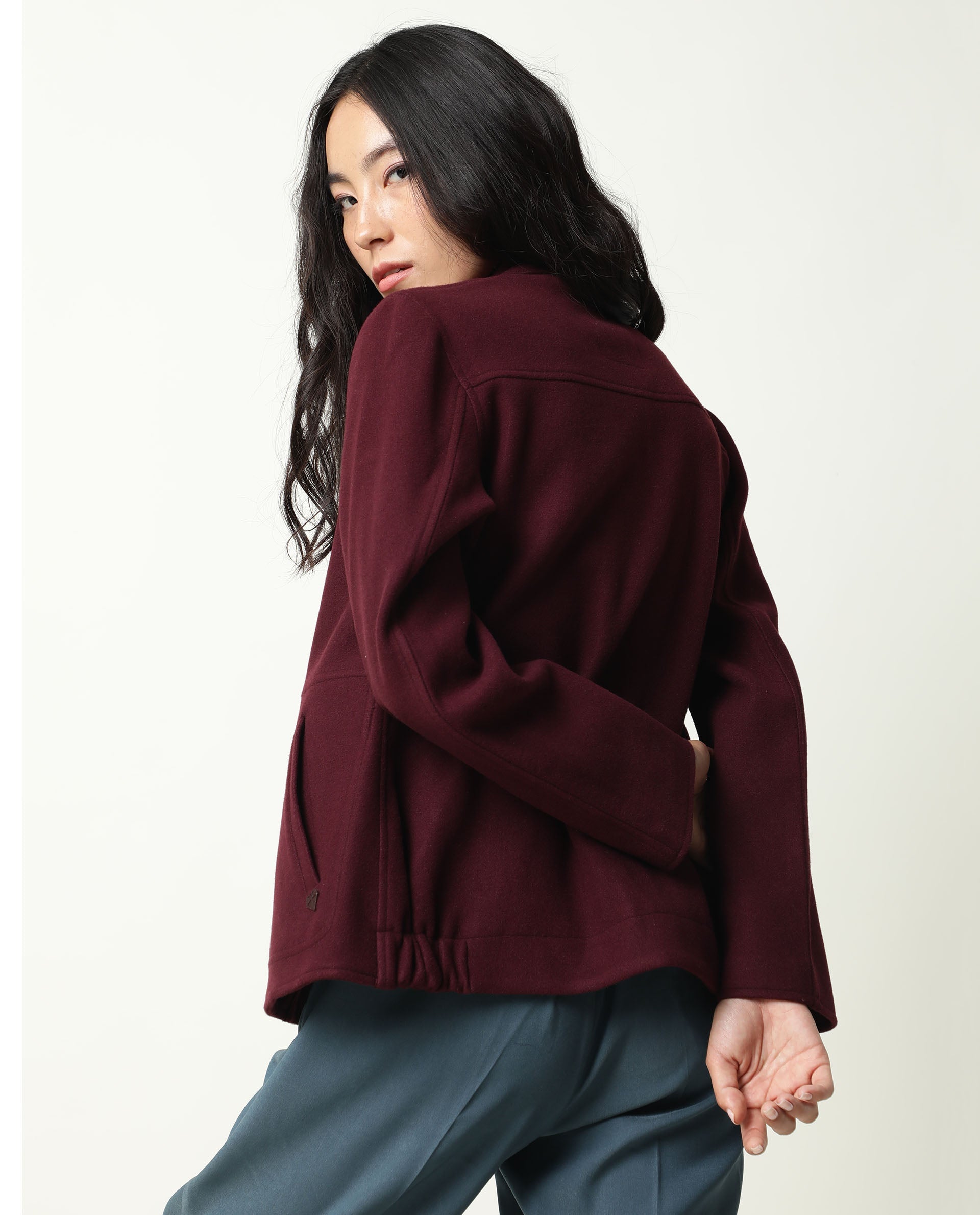 Rareism Women Comico Maroon Polyester Fabric Full Sleeves Solid Mandarin Collar Jacket