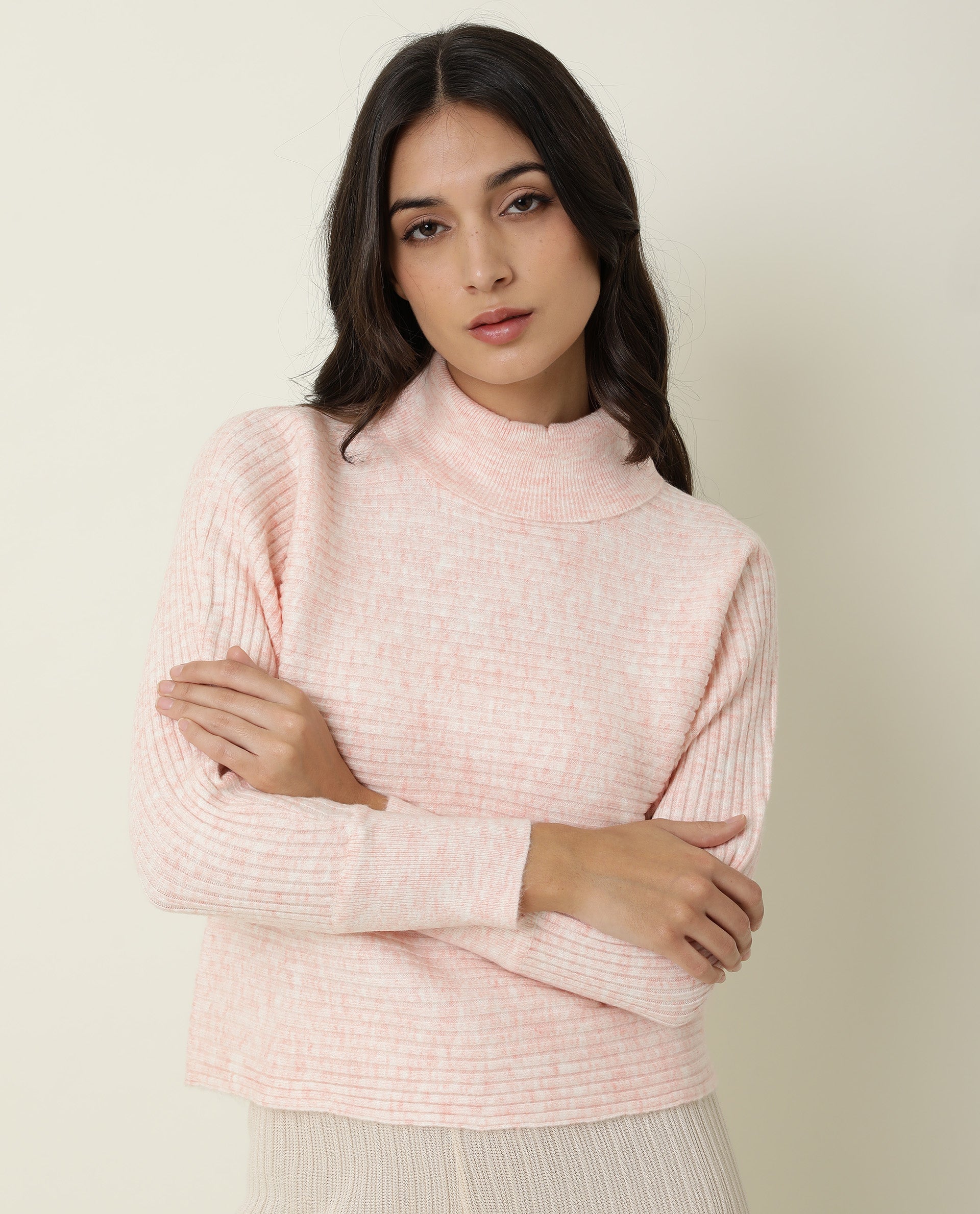 Rareism Women's Levour Pink Acrylic Turtle Neck Plain Relaxed Fit Sweater