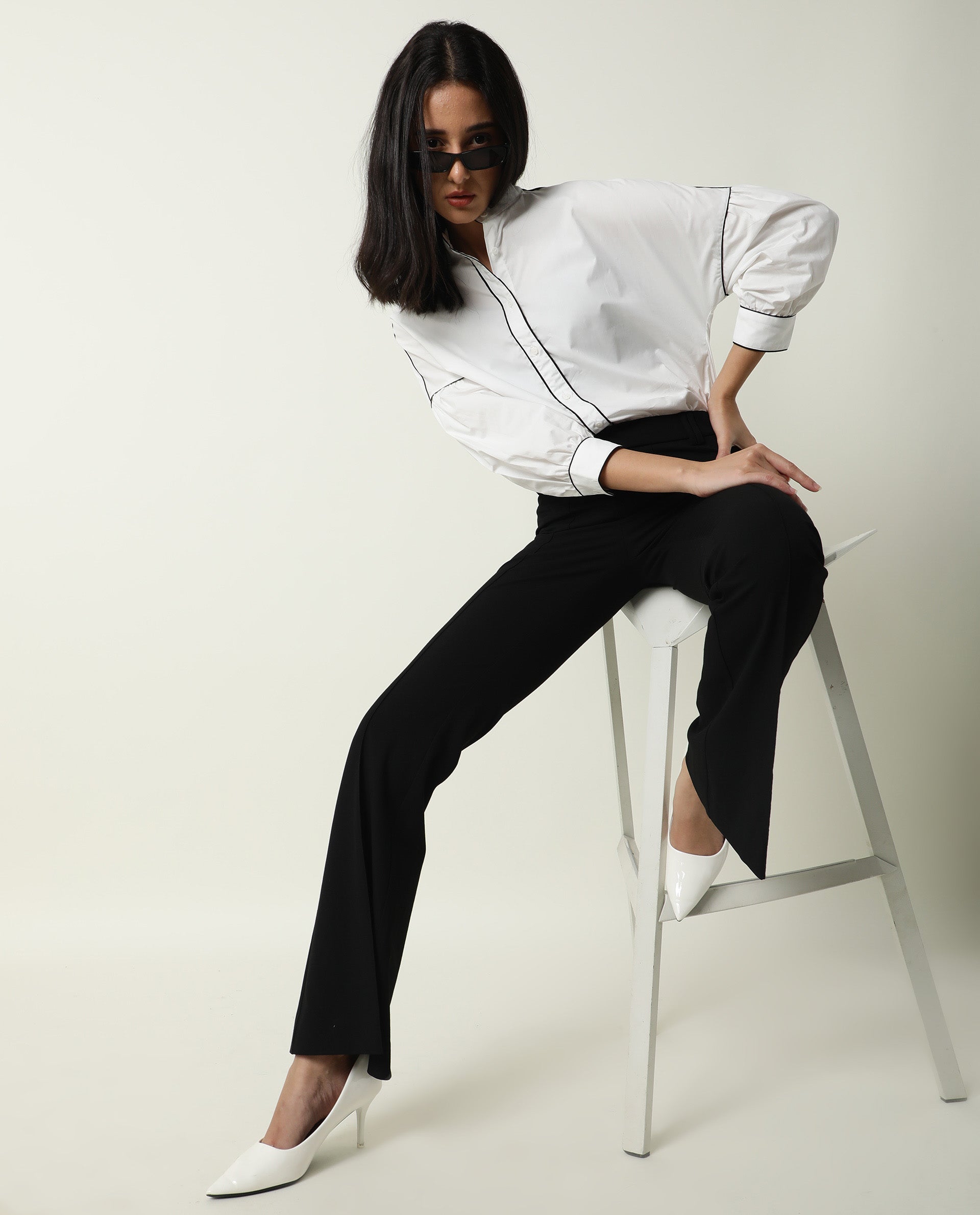 Rareism Womens Baki White Top Cotton Fabric Regular Fit Cuffed Sleeve Collared Neck