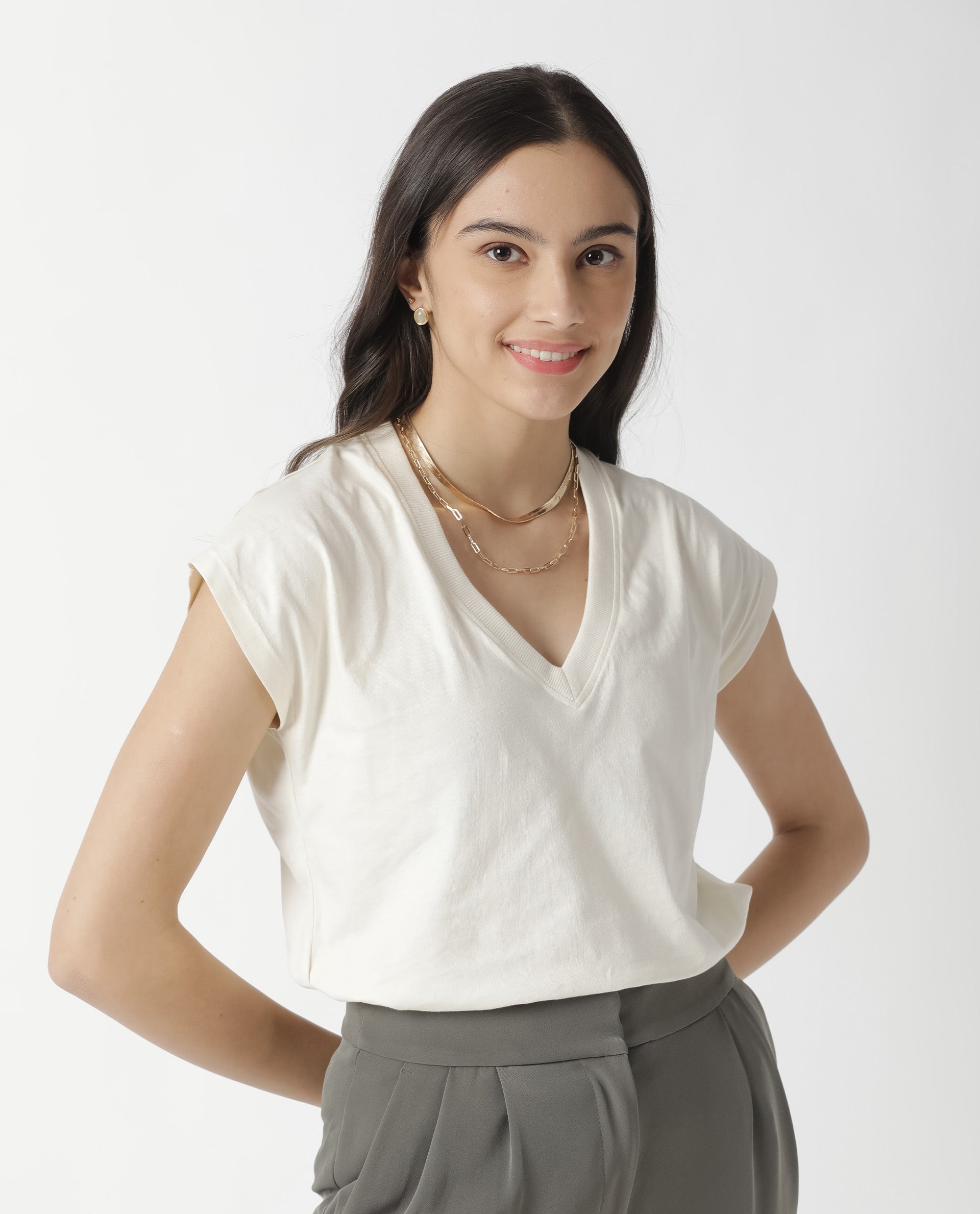 Rareism Women Debra Off White Cotton Fabric Regular Fit Half Sleeves Solid Crew Neck T-Shirt