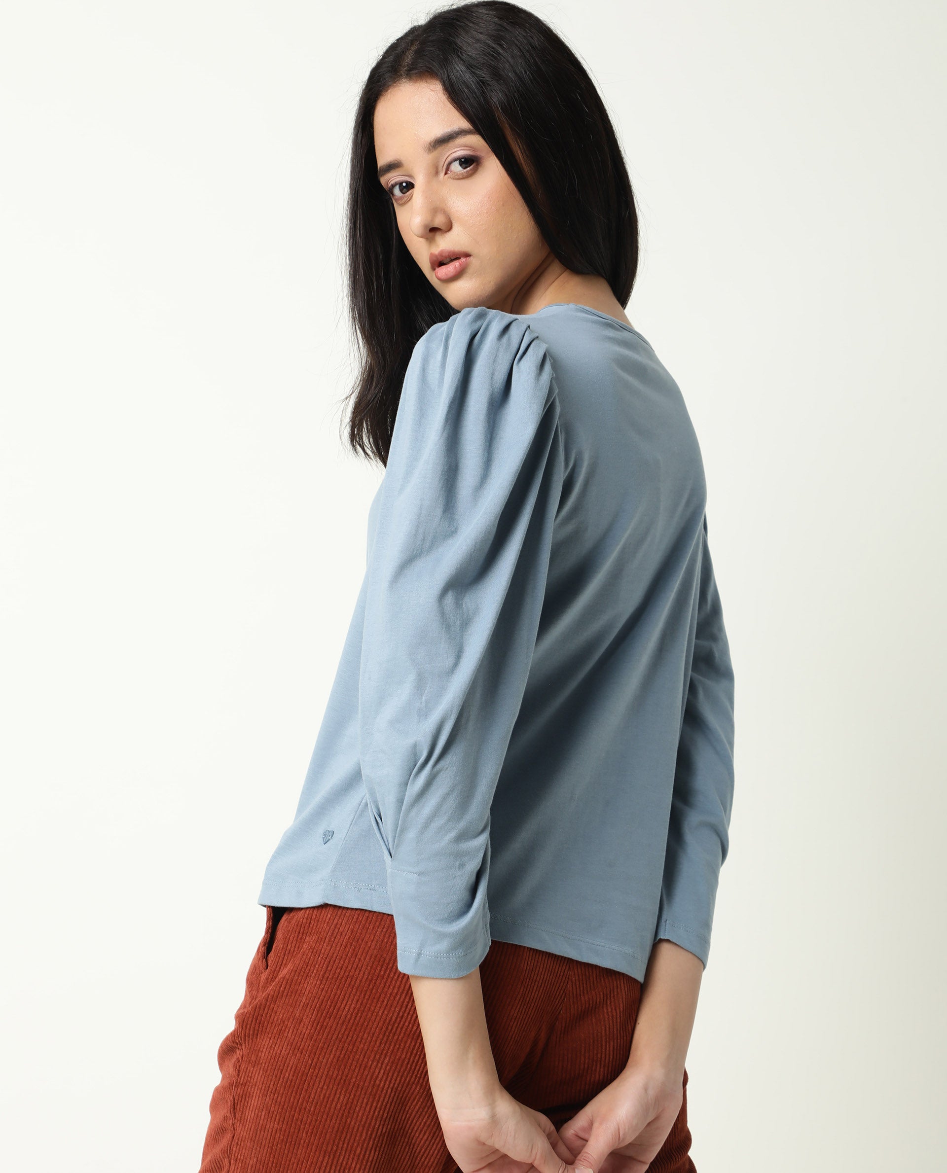 Rareism Women Ballerina Blue Cotton Fabric Regular Fit Knee Length Boat Neck 3/4Th Sleeves Solid Top