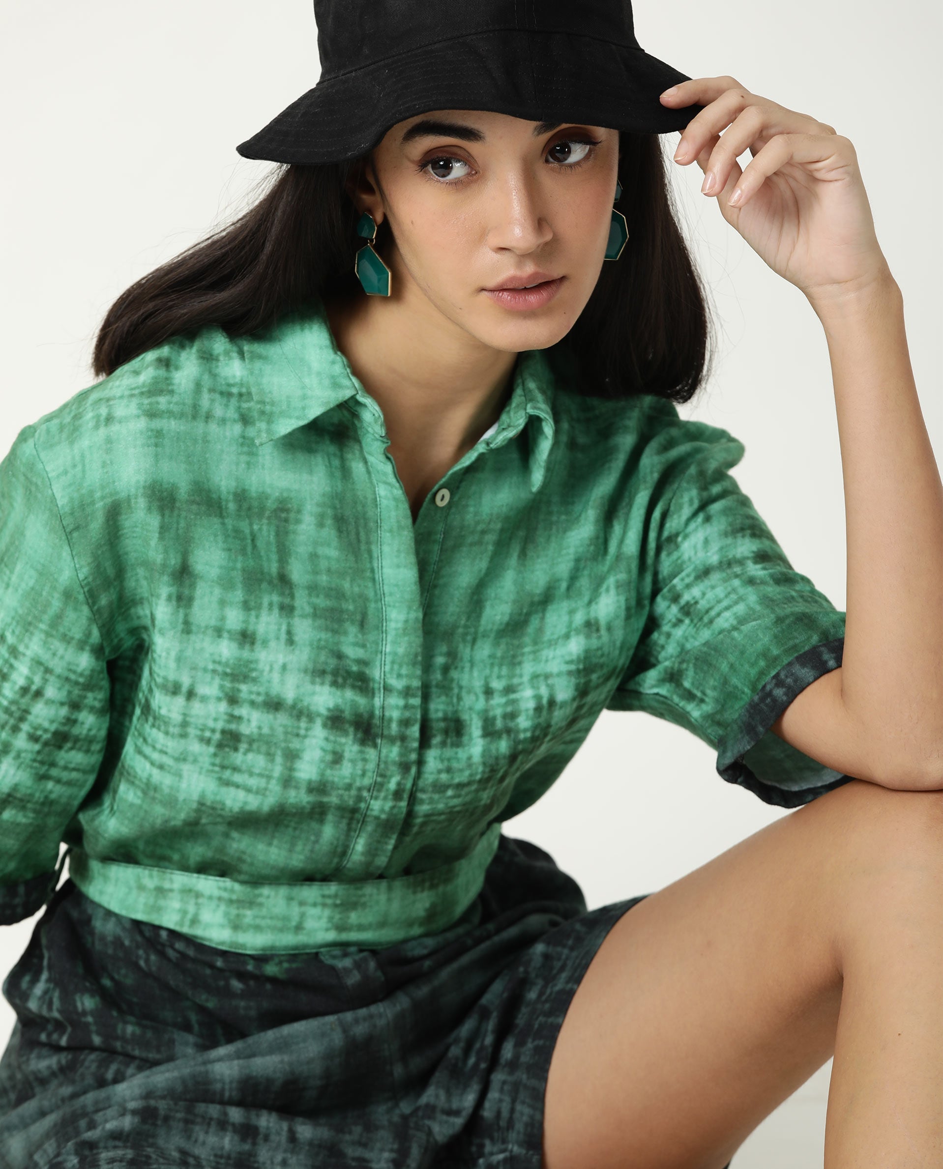 Rareism Womens Grizzle Green Top Cotton Fabric Regular Fit Half Sleeve Collared Neck