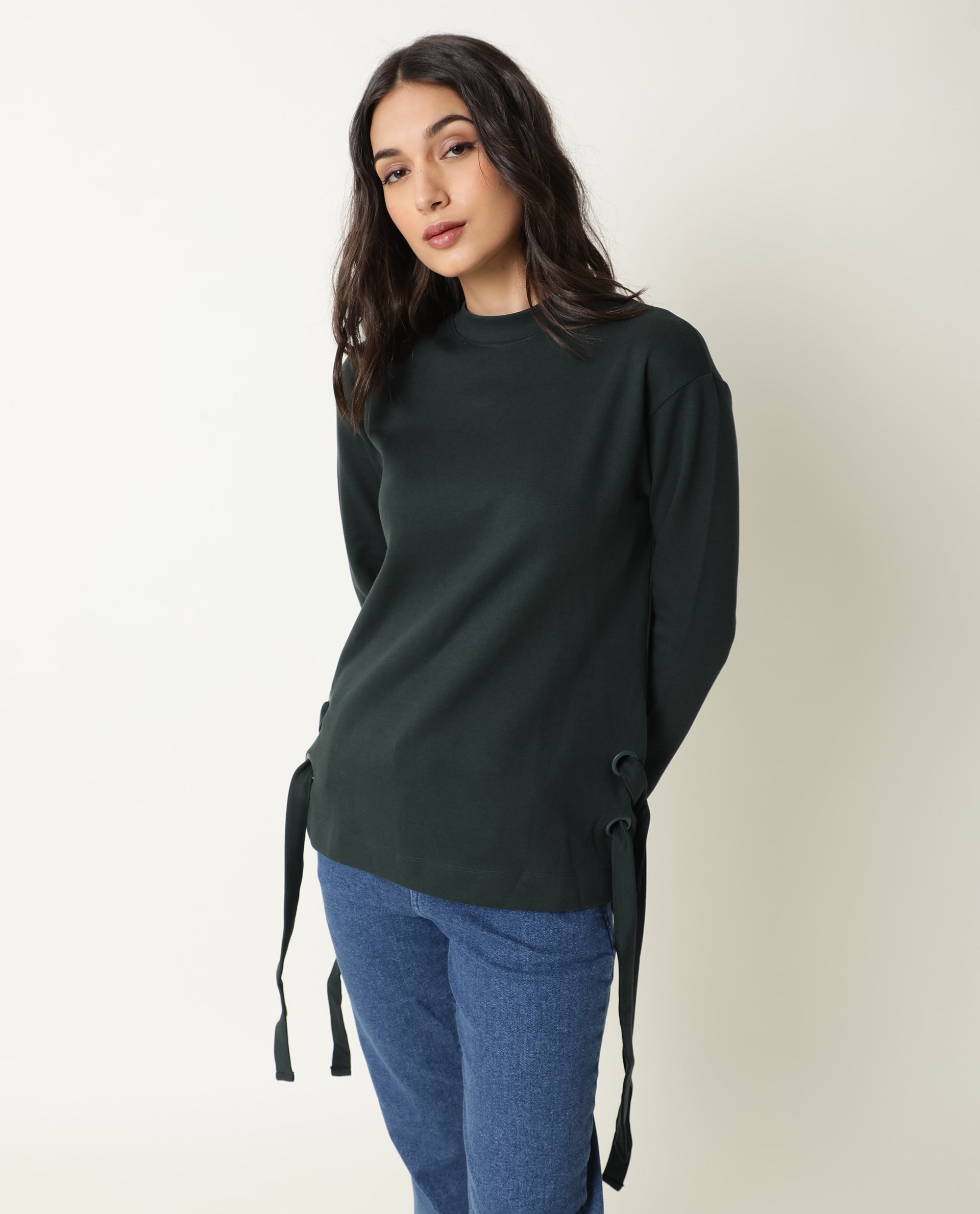Rareism Women Ross Green Cotton Fabric Regular Fit Crew Neck Full Sleeves Solid Top