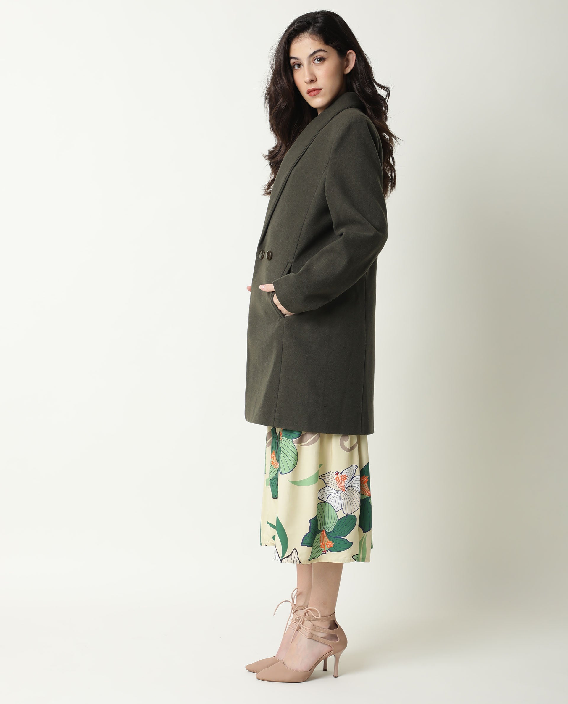 Rareism Women Avon Olive Polyester Fabric Full Sleeves Solid Lapel Neck Jacket