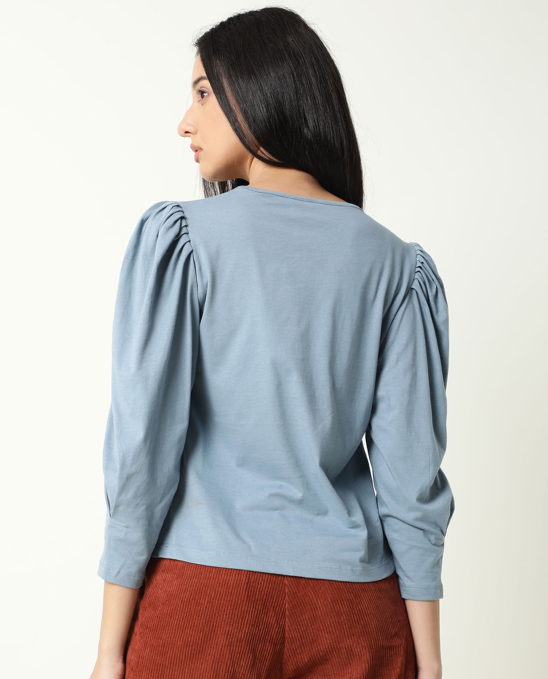 Rareism Women Ballerina Blue Cotton Fabric Regular Fit Knee Length Boat Neck 3/4Th Sleeves Solid Top