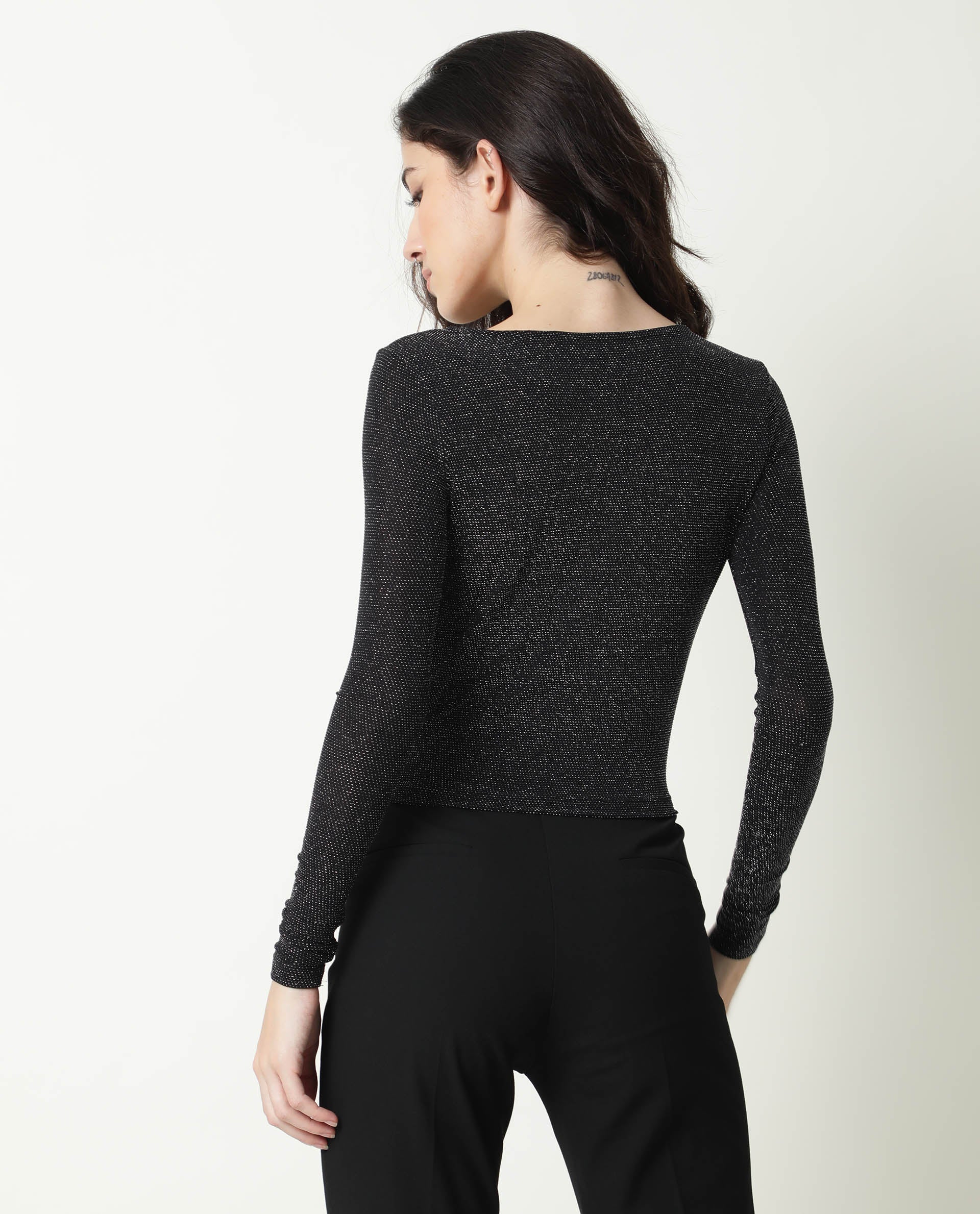 Rareism Women Ring Black Top Nylon Fabric Full Sleeves Solid