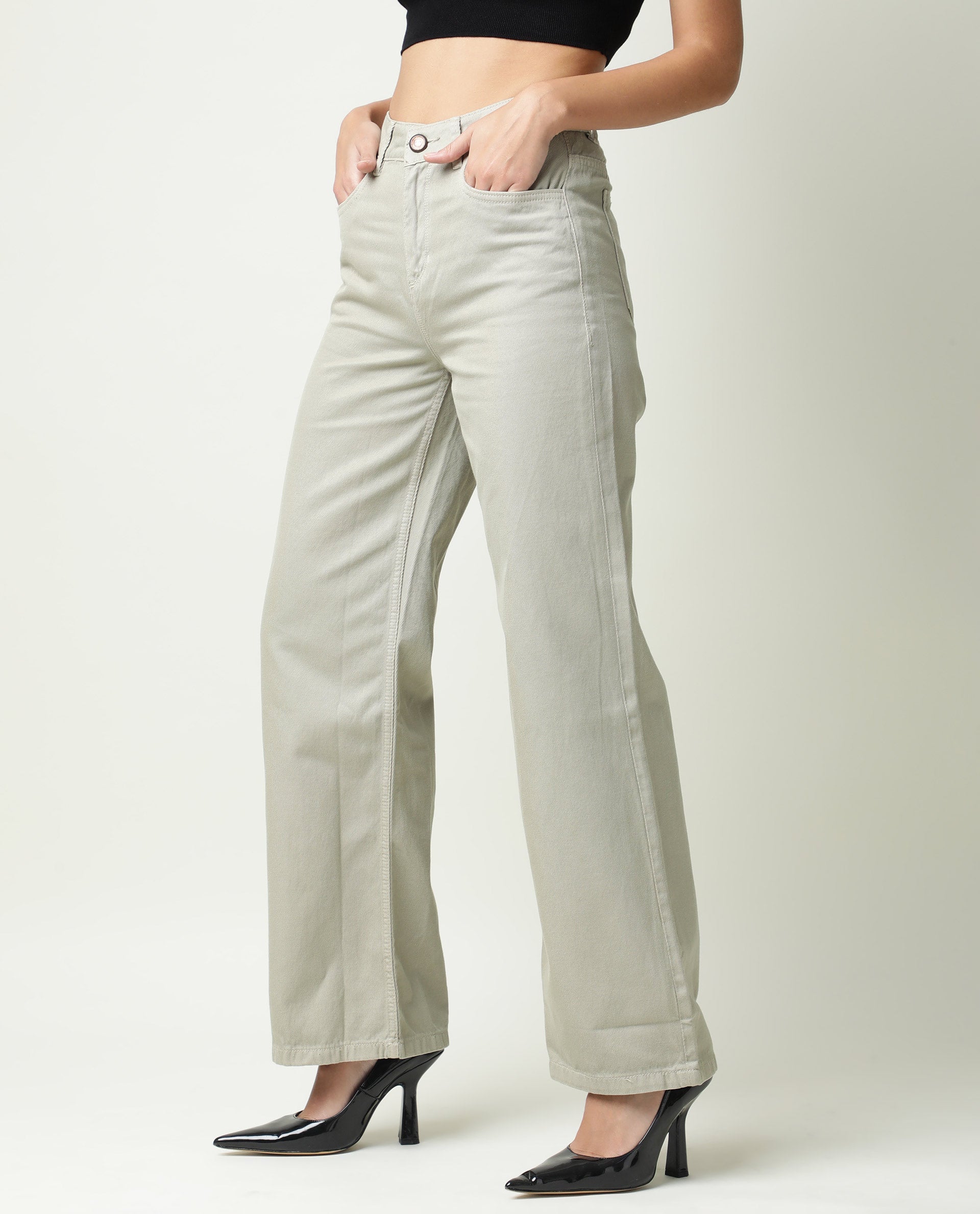 Rareism Womens Ginno Green Trouser Cotton Fabric Regular Fit Button Closure High Rise Waist Rise Ankle Length