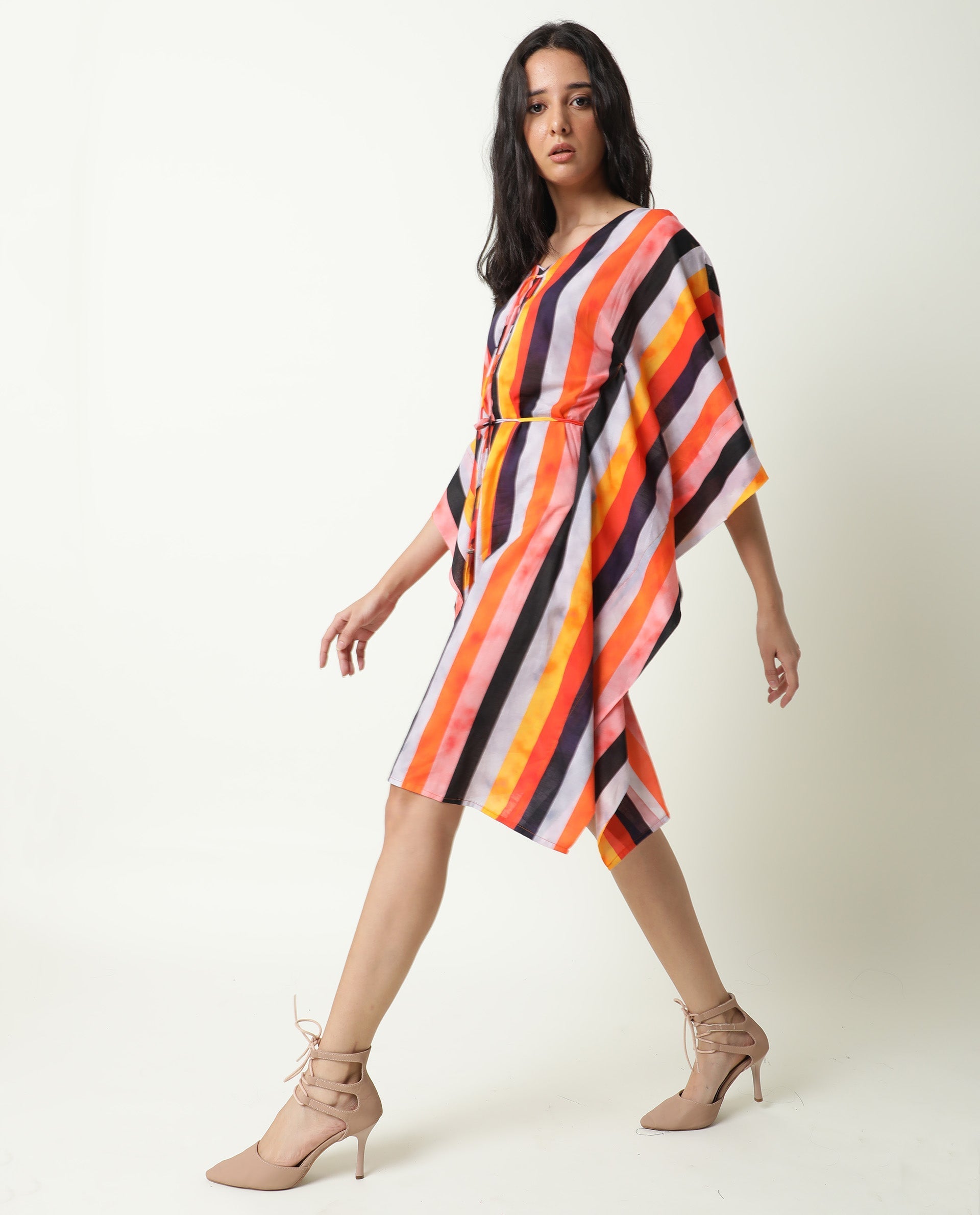 Rareism Women's Fact Multi V-Neck Striped Flared Sleeve Knee Length Relaxed Fit Dress