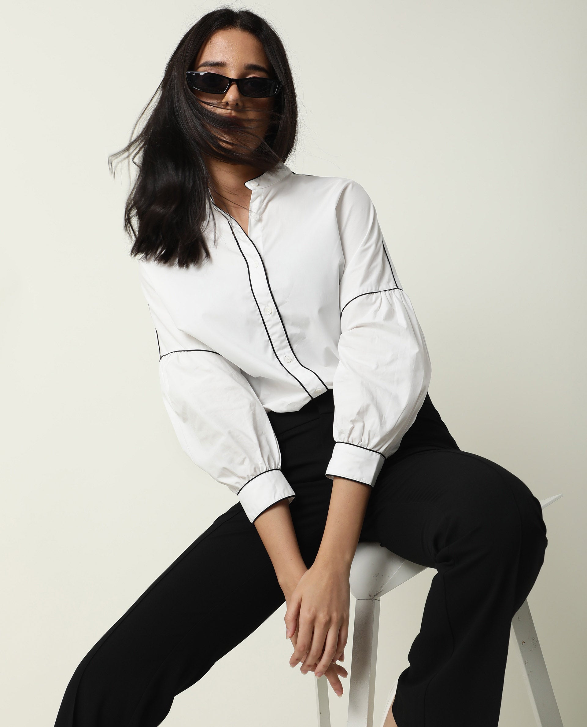 Rareism Womens Baki White Top Cotton Fabric Regular Fit Cuffed Sleeve Collared Neck