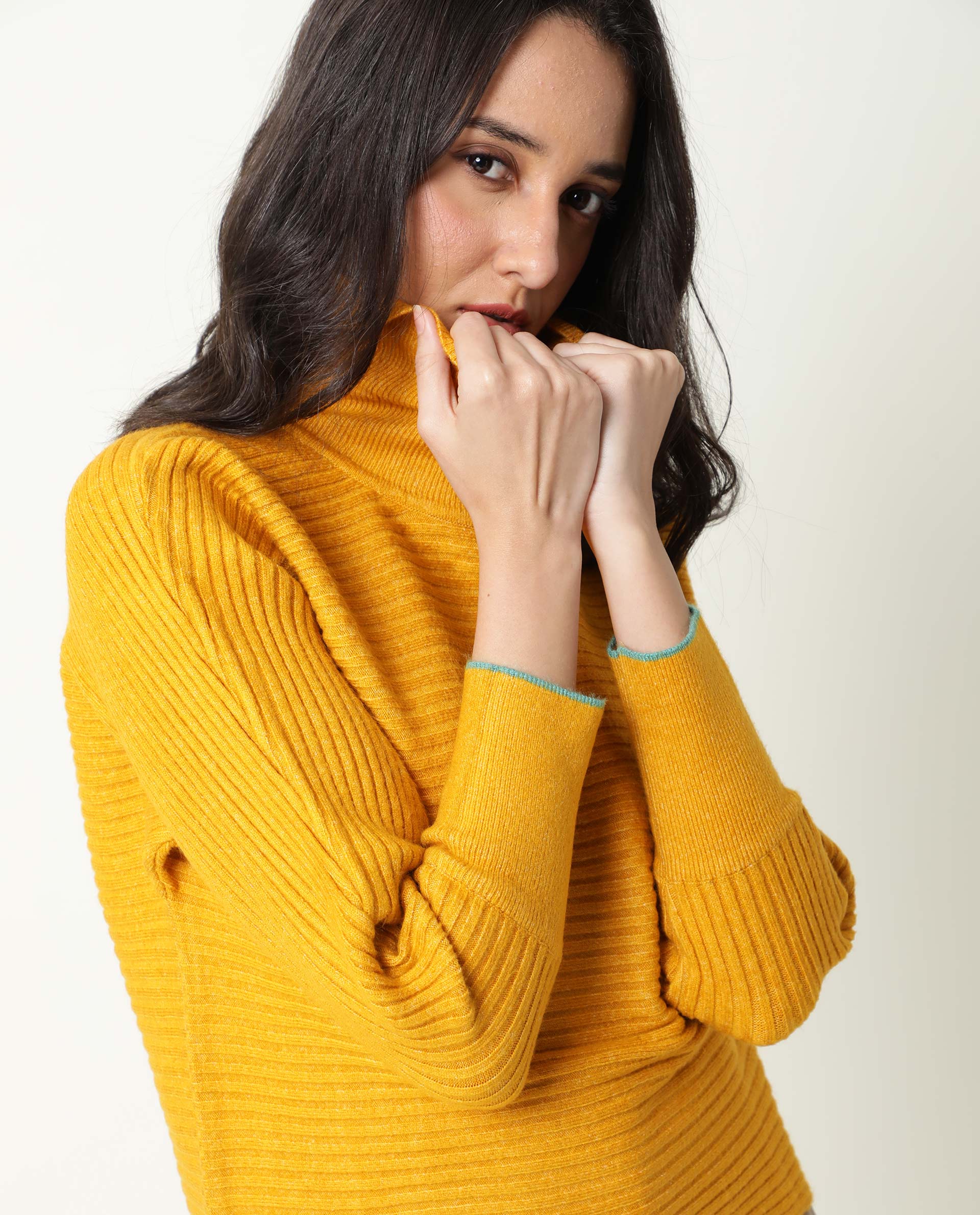 Rareism Women's Levour Mustard Acrylic Turtle Neck Plain Relaxed Fit Sweater