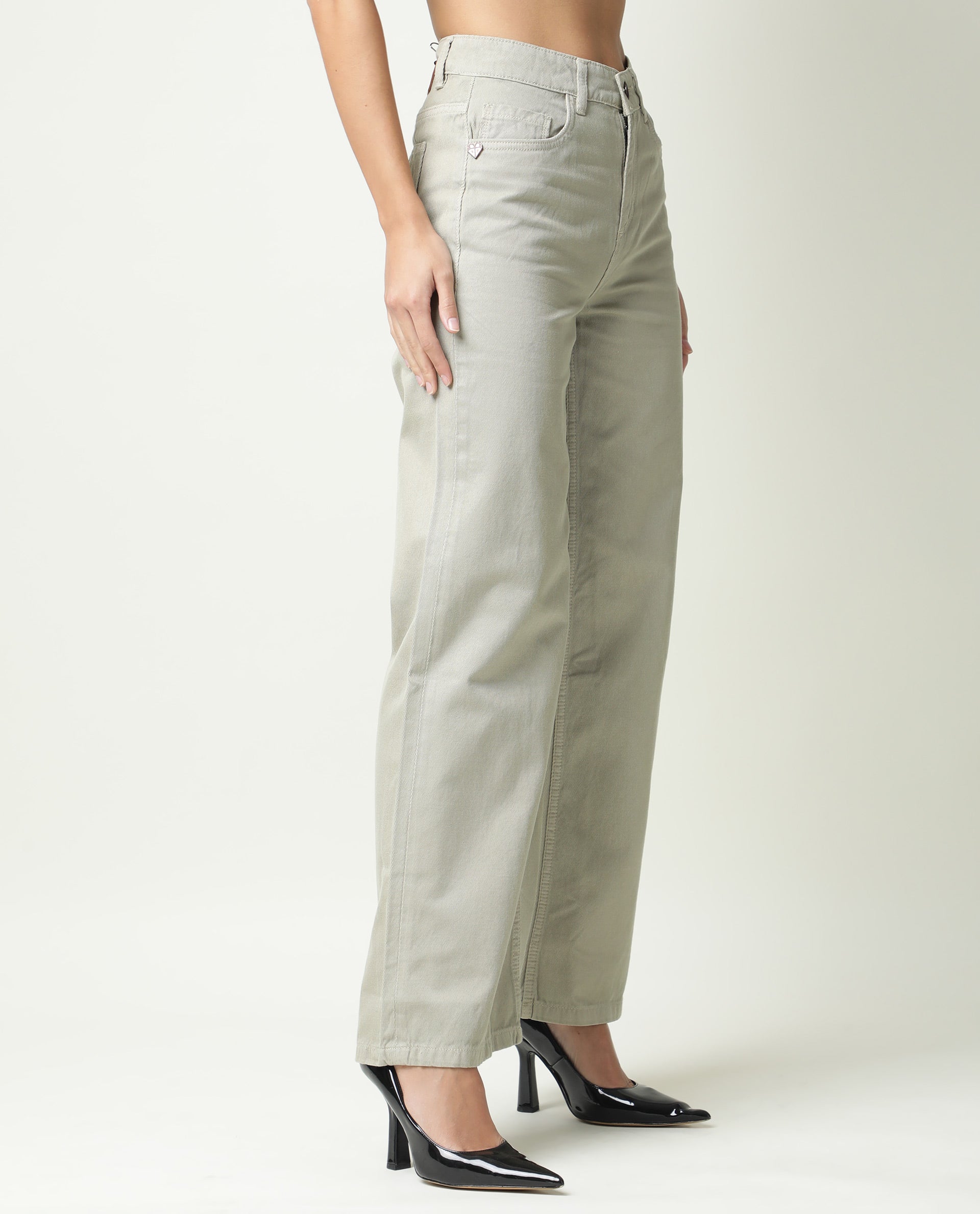 Rareism Womens Ginno Green Trouser Cotton Fabric Regular Fit Button Closure High Rise Waist Rise Ankle Length