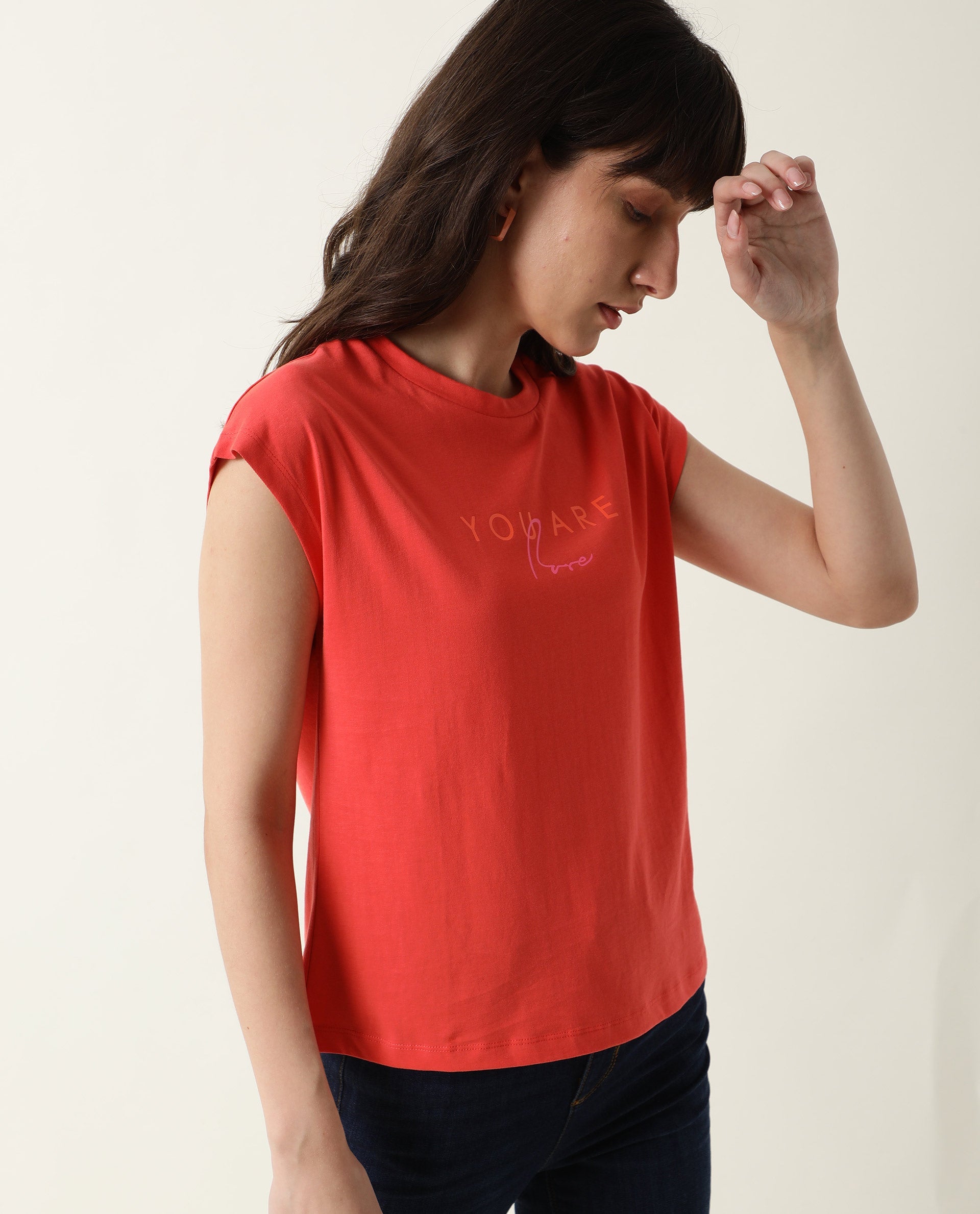 Rareism Womens Caprico Red T-Shirt Cotton Fabric Regular Fit Half Sleeve Round Neck