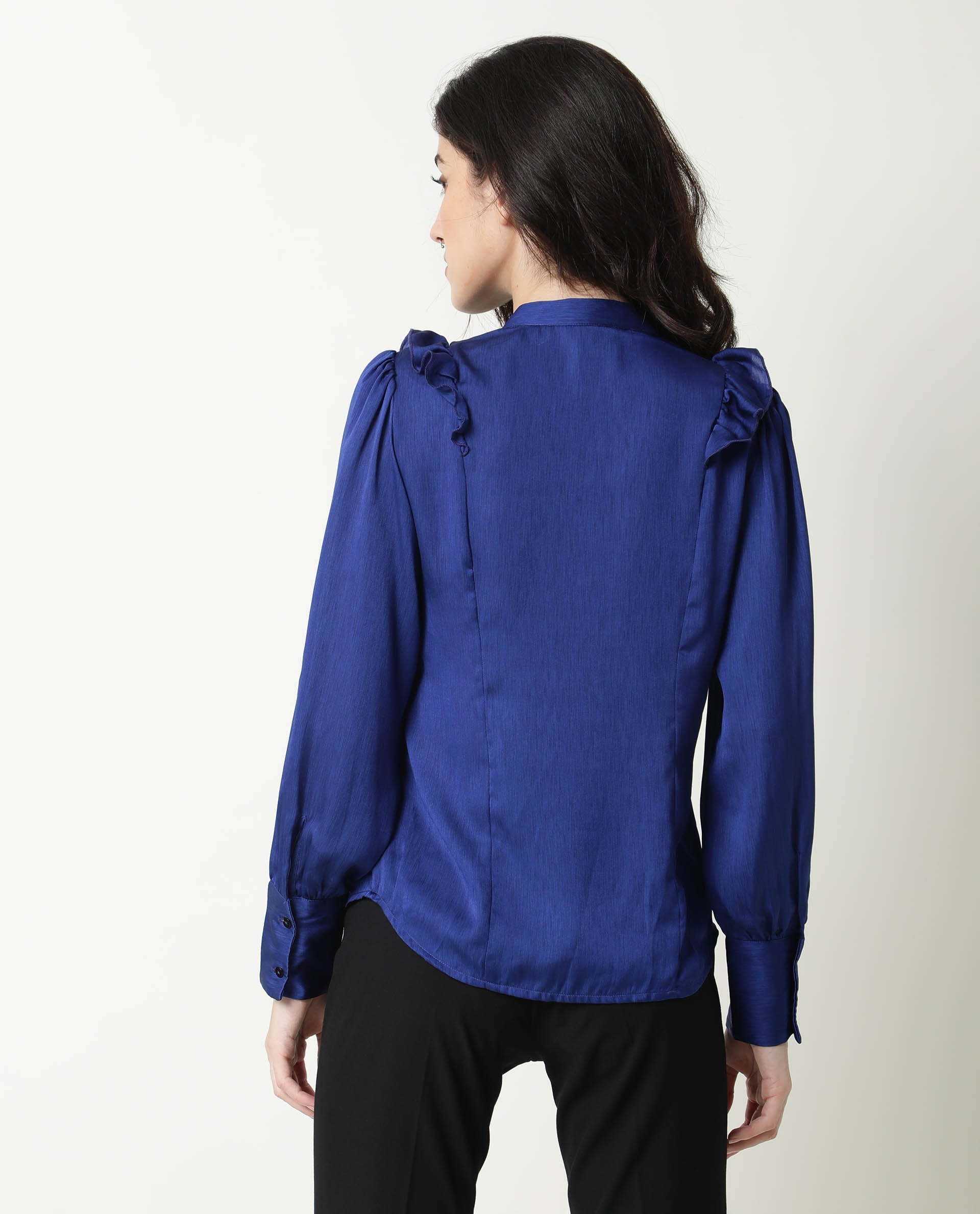 Rareism Womens Chamomile Blue Top Polyester Fabric  Fit Regular Sleeves Mandarin Neck