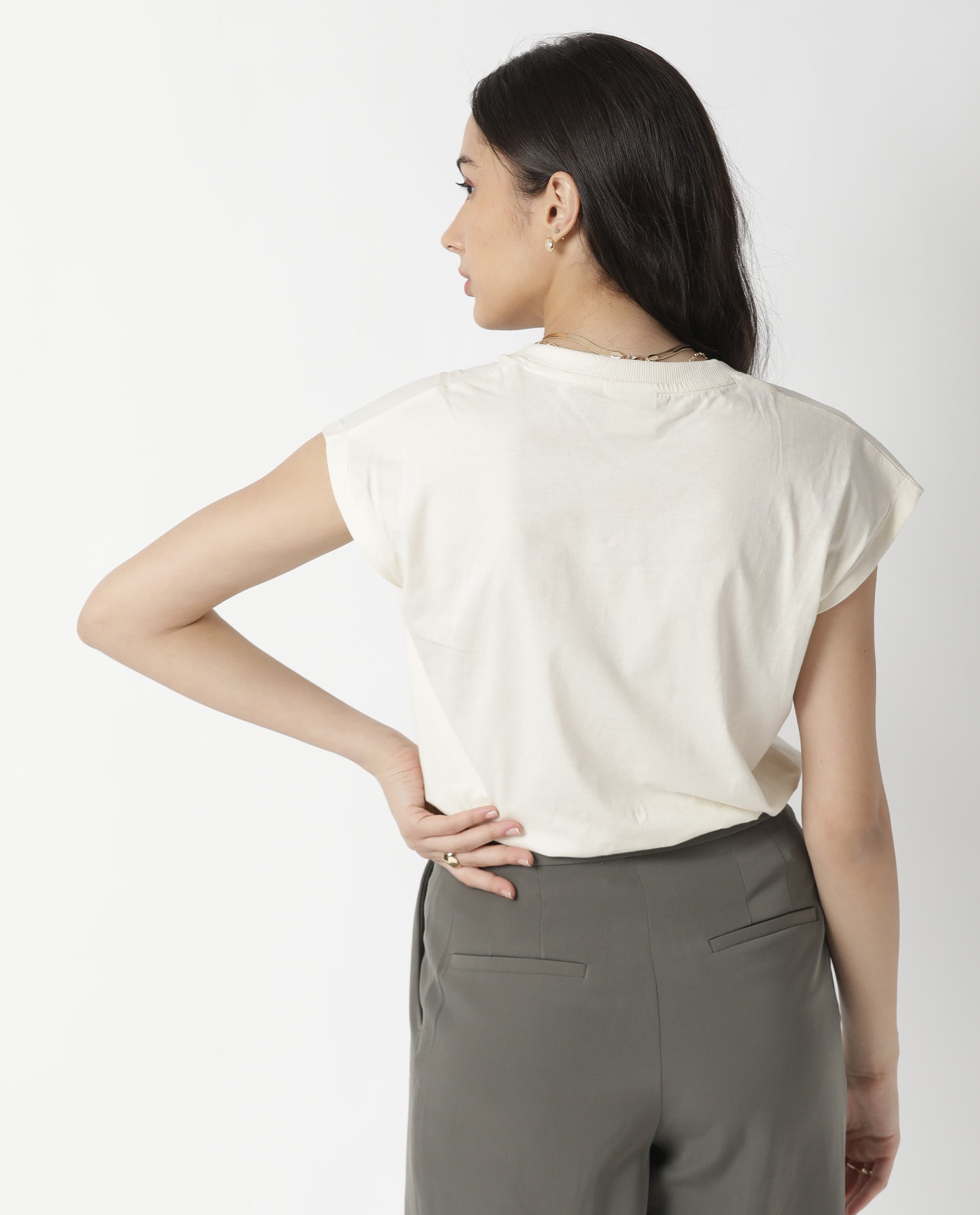 Rareism Women Debra Off White Cotton Fabric Regular Fit Half Sleeves Solid Crew Neck T-Shirt