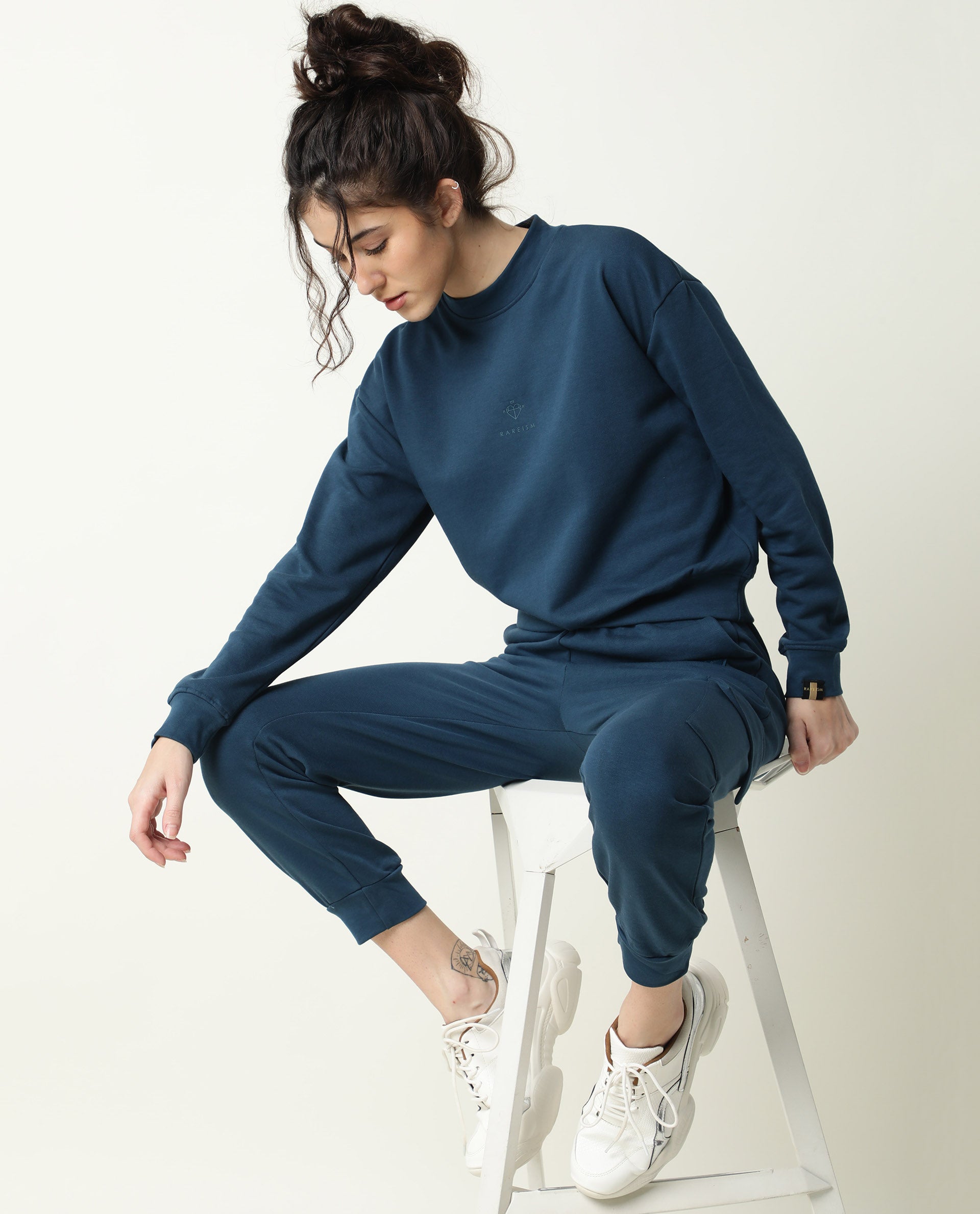 Rareism Women Necker Petrol  Relaxed Fit Full Sleeves Solid High Neck Sweatshirt