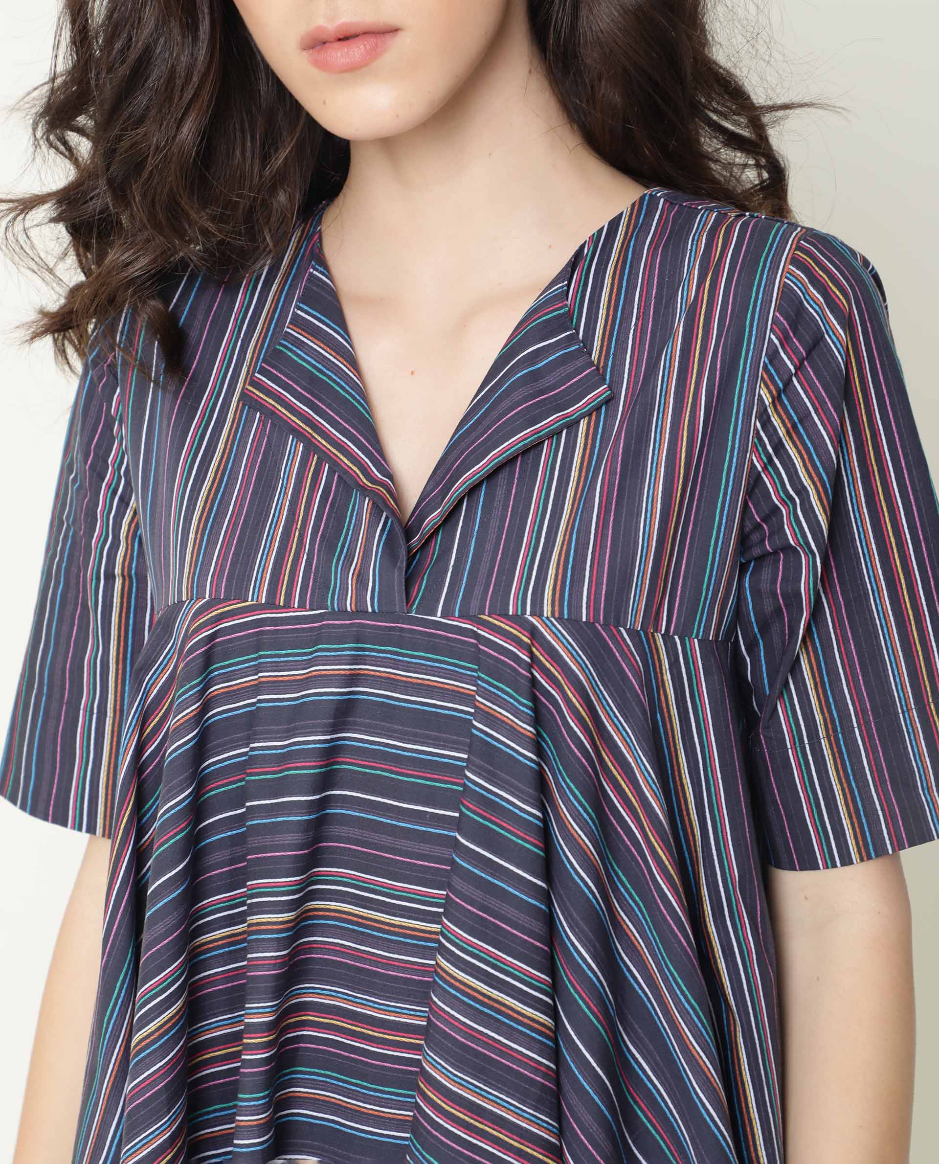 Rareism Womens Rafal Black Dress Cotton Fabric Relaxed Fit Half Sleeve Overlap Neck