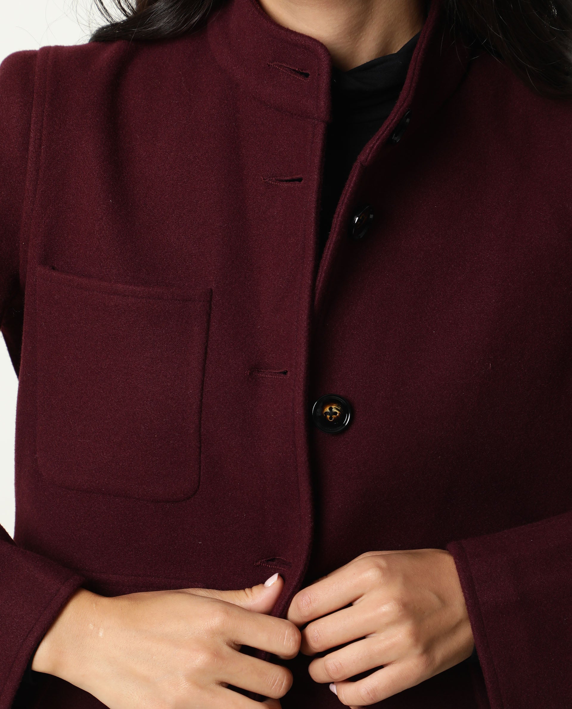 Rareism Women Comico Maroon Polyester Fabric Full Sleeves Solid Mandarin Collar Jacket