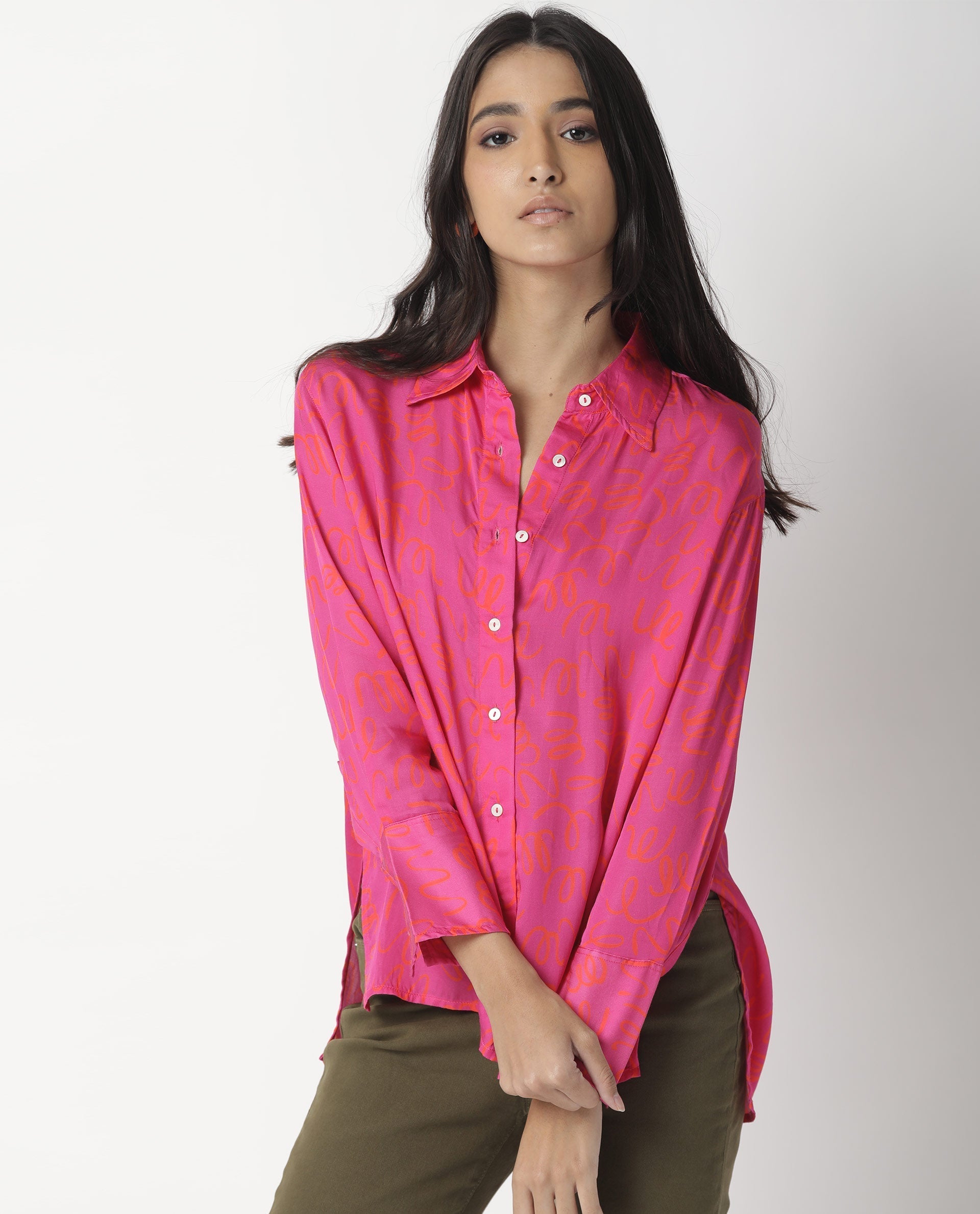 Rareism Womens Vani Pink Dress Modal Fabric Regular Fit Cuffed Sleeve Collared Neck