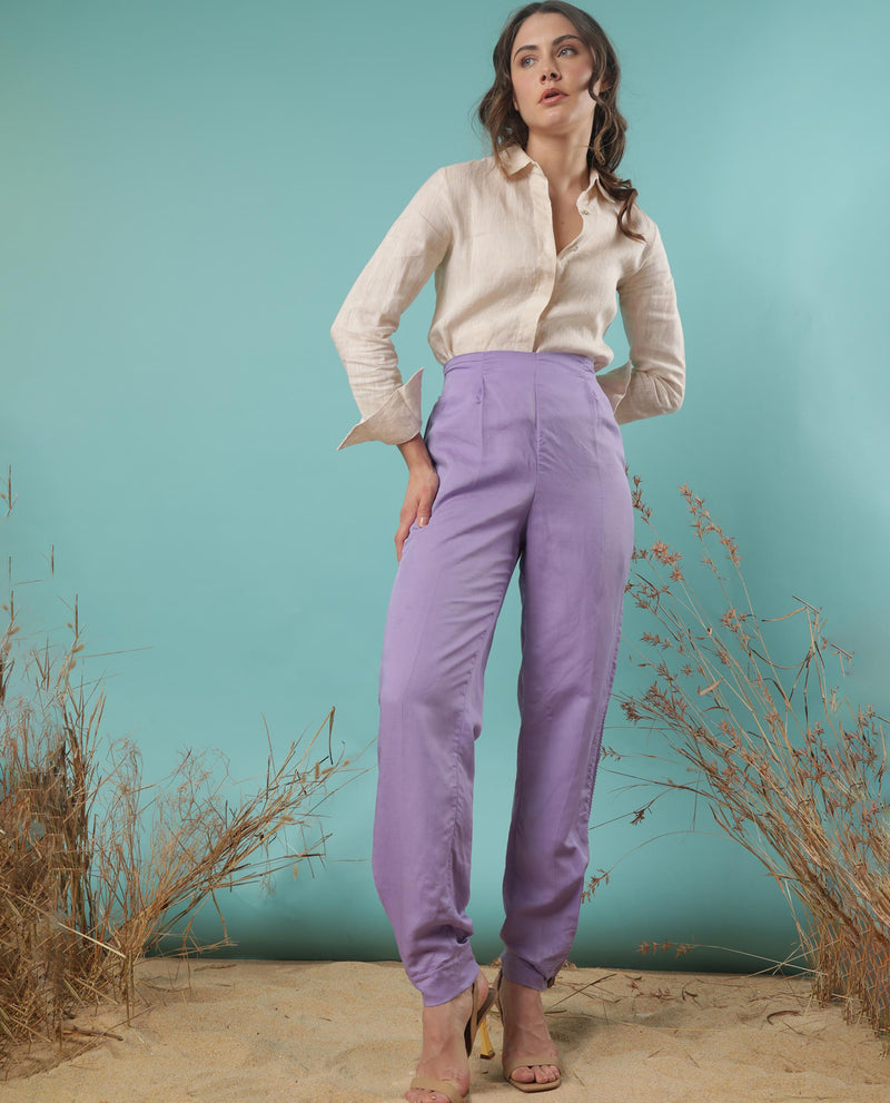 Rareism Women Erin Pastel Purple Modal Linen Fabric Tailored Fit Plain Ankle Length Trousers