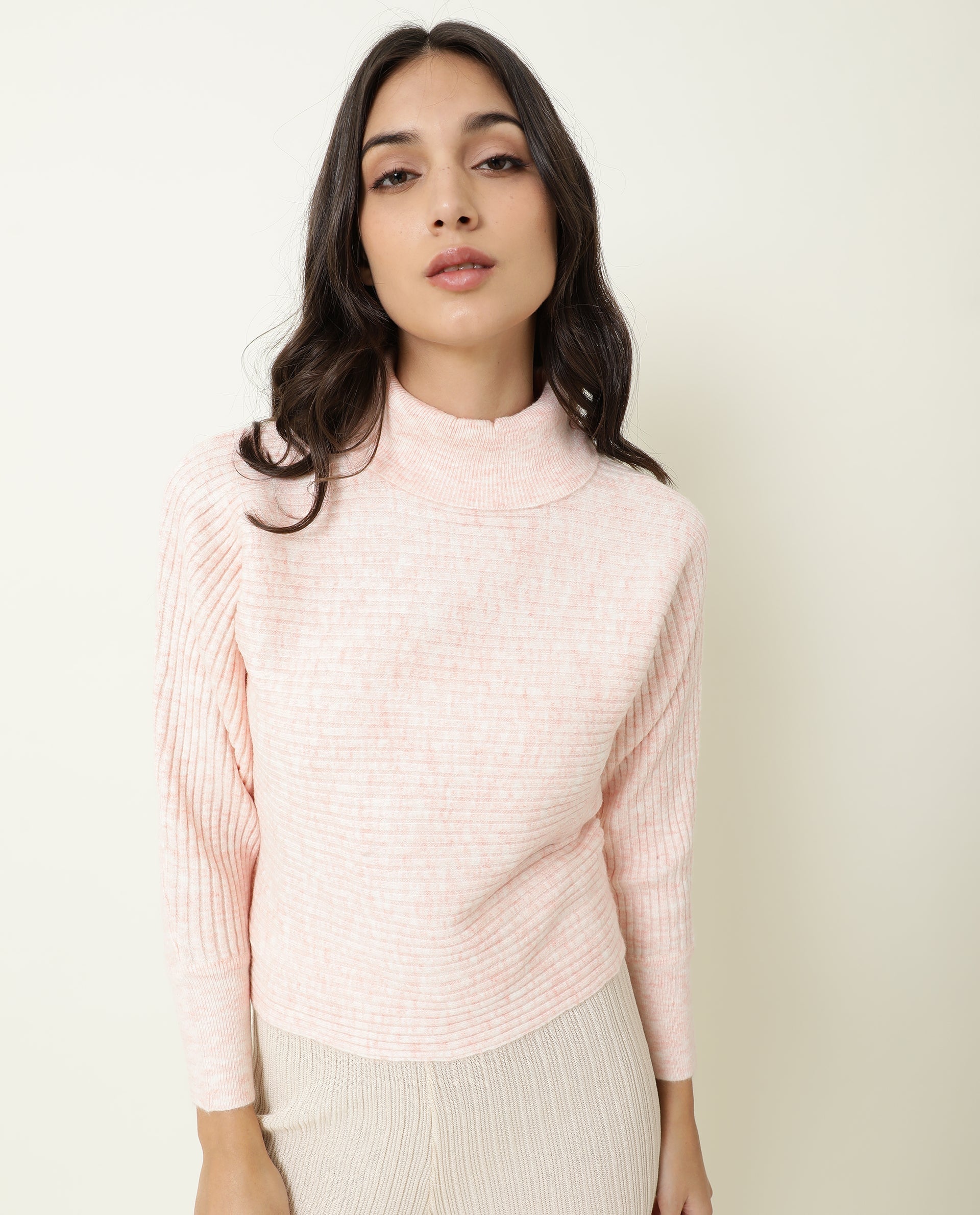 Rareism Women's Levour Pink Acrylic Turtle Neck Plain Relaxed Fit Sweater