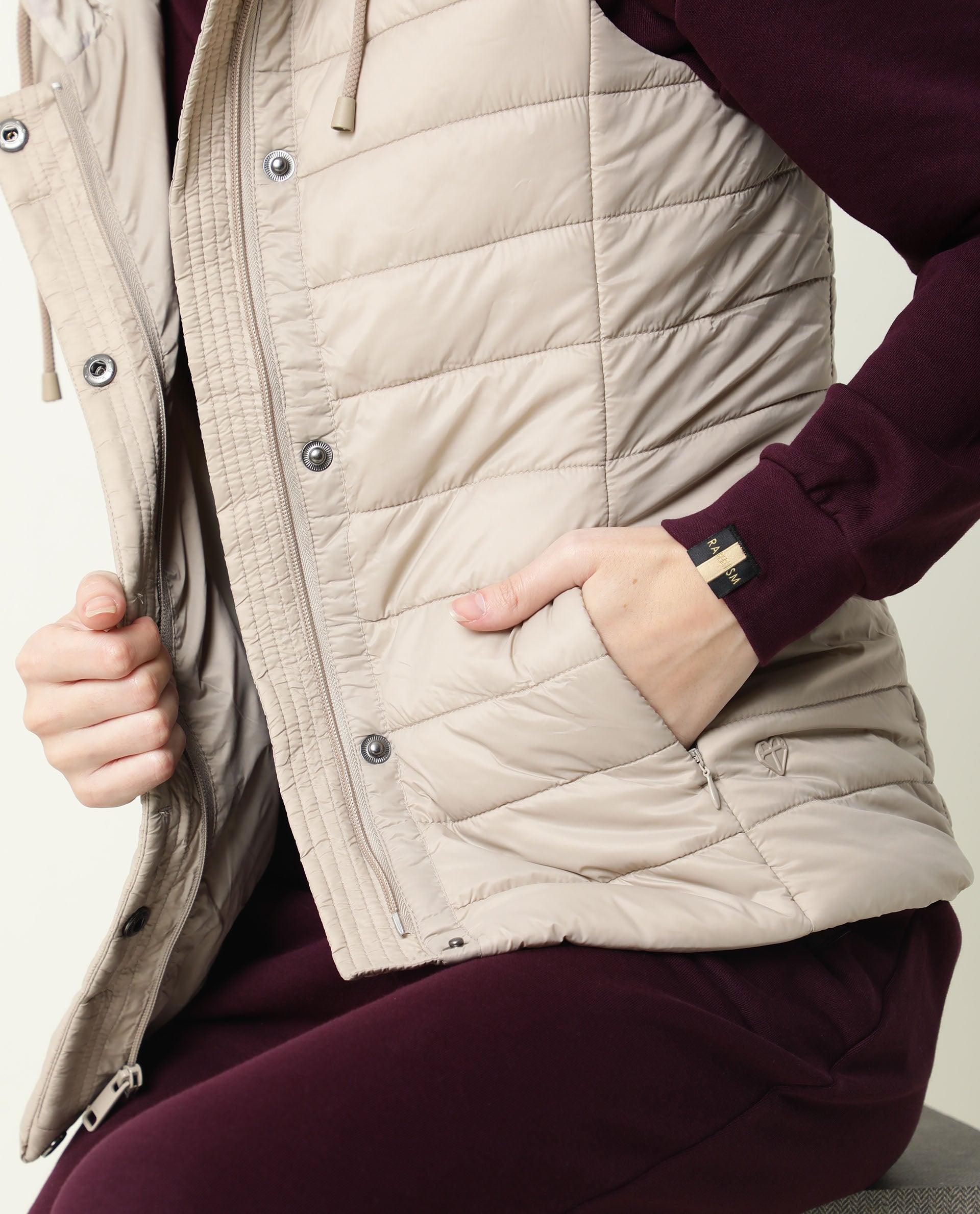 Rareism Women Troop Beige  Sleeveless Solid Hooded Jacket