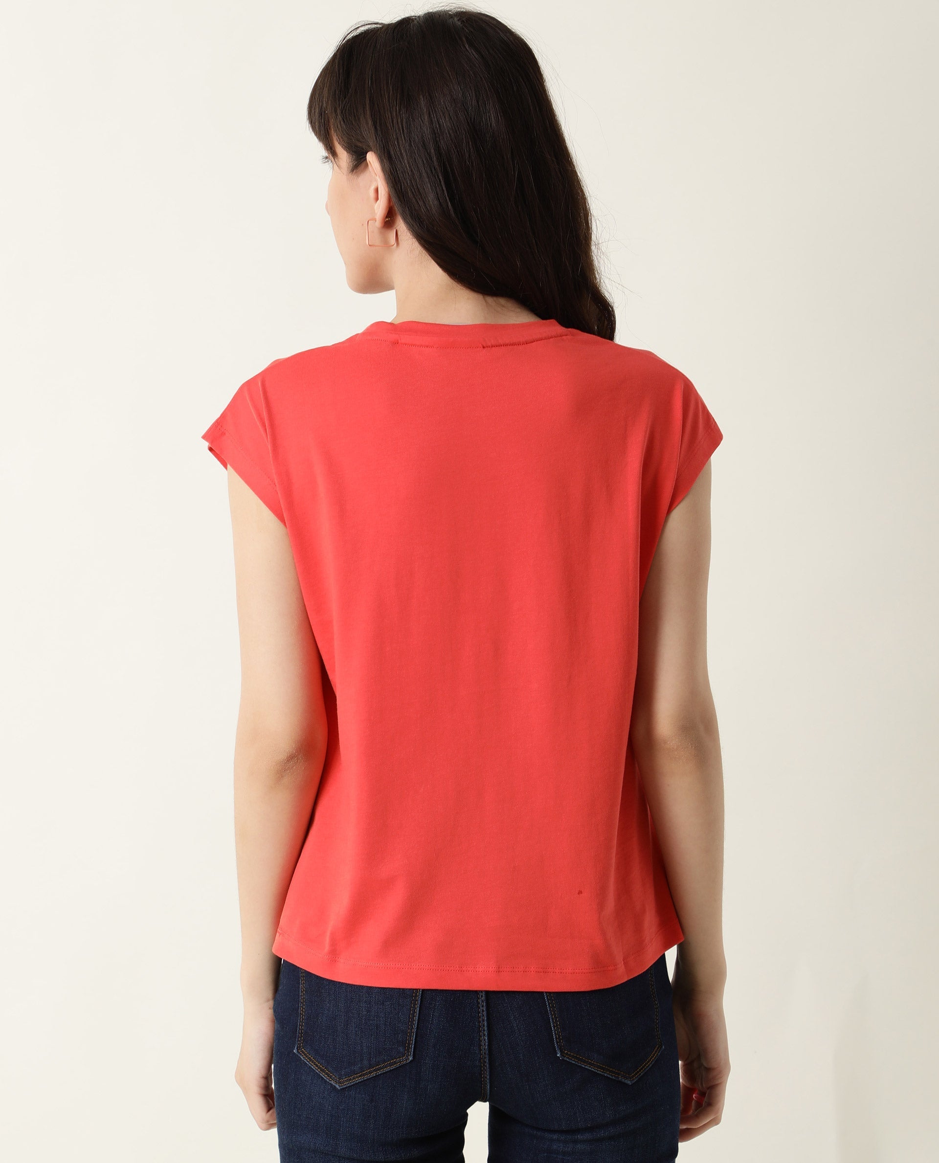 Rareism Womens Caprico Red T-Shirt Cotton Fabric Regular Fit Half Sleeve Round Neck