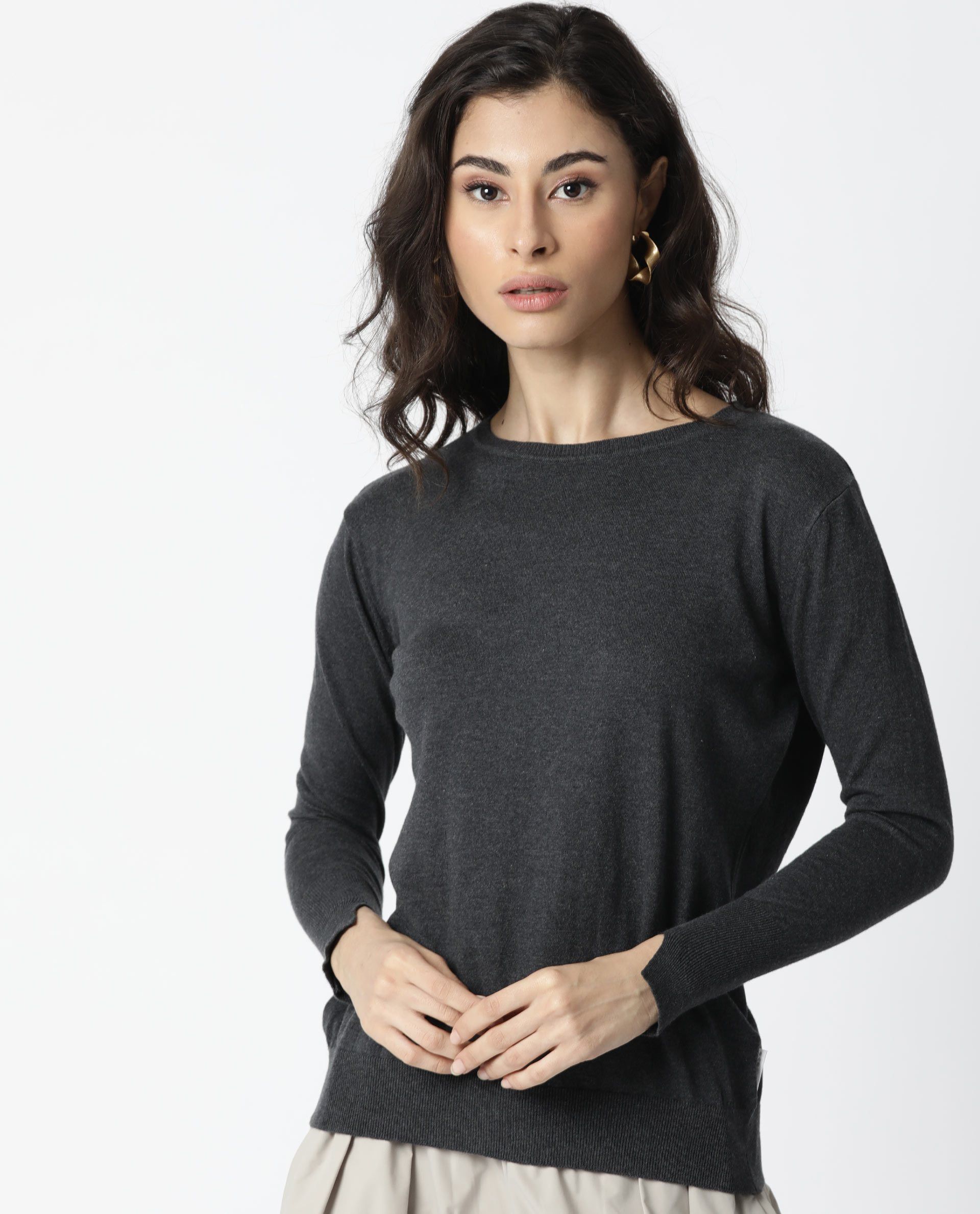 Rareism Women Plum Melange Grey Cotton Fabric Full Sleeves Regular Fit Solid Boat Neck Sweater