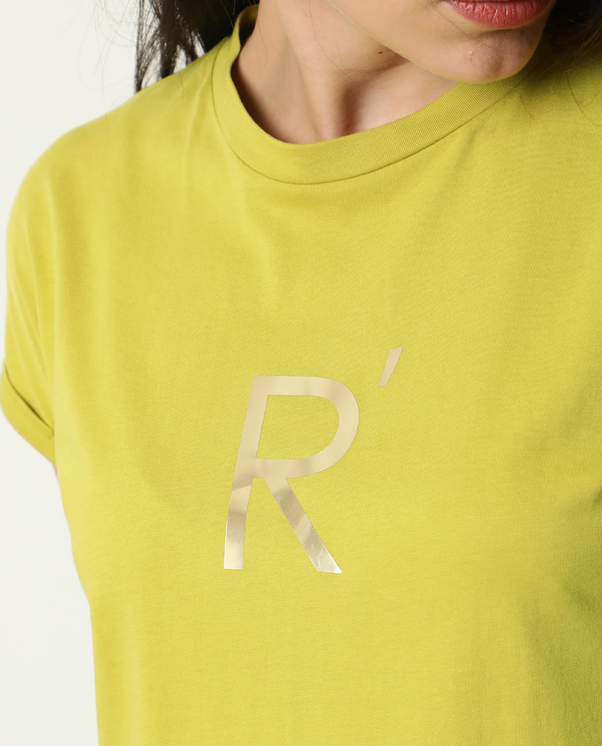 Rareism Women Rad Flouroscent Green Cotton Fabric Regular Fit Half Sleeves Graphic Print Crew Neck T-Shirt