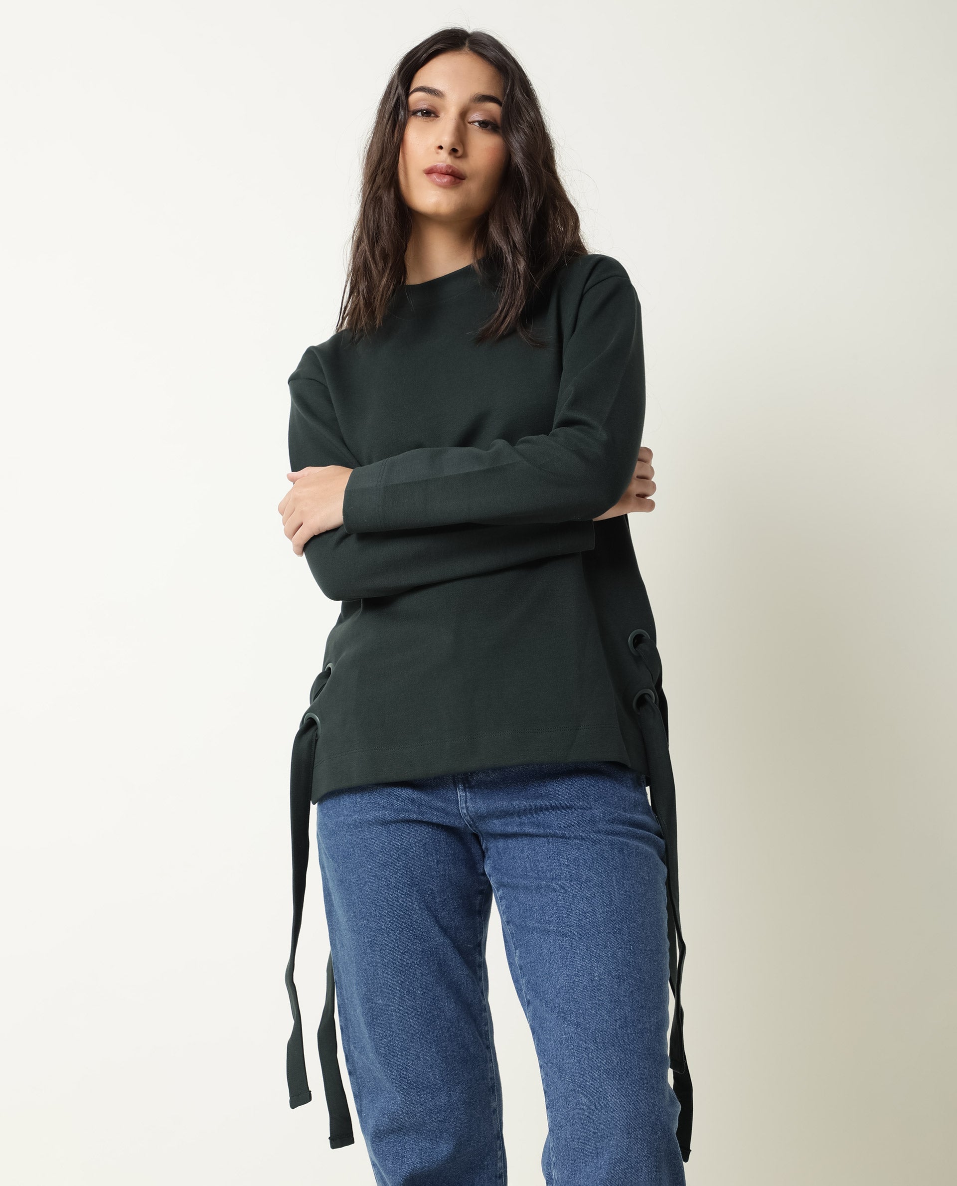 Rareism Women Ross Green Cotton Fabric Regular Fit Crew Neck Full Sleeves Solid Top