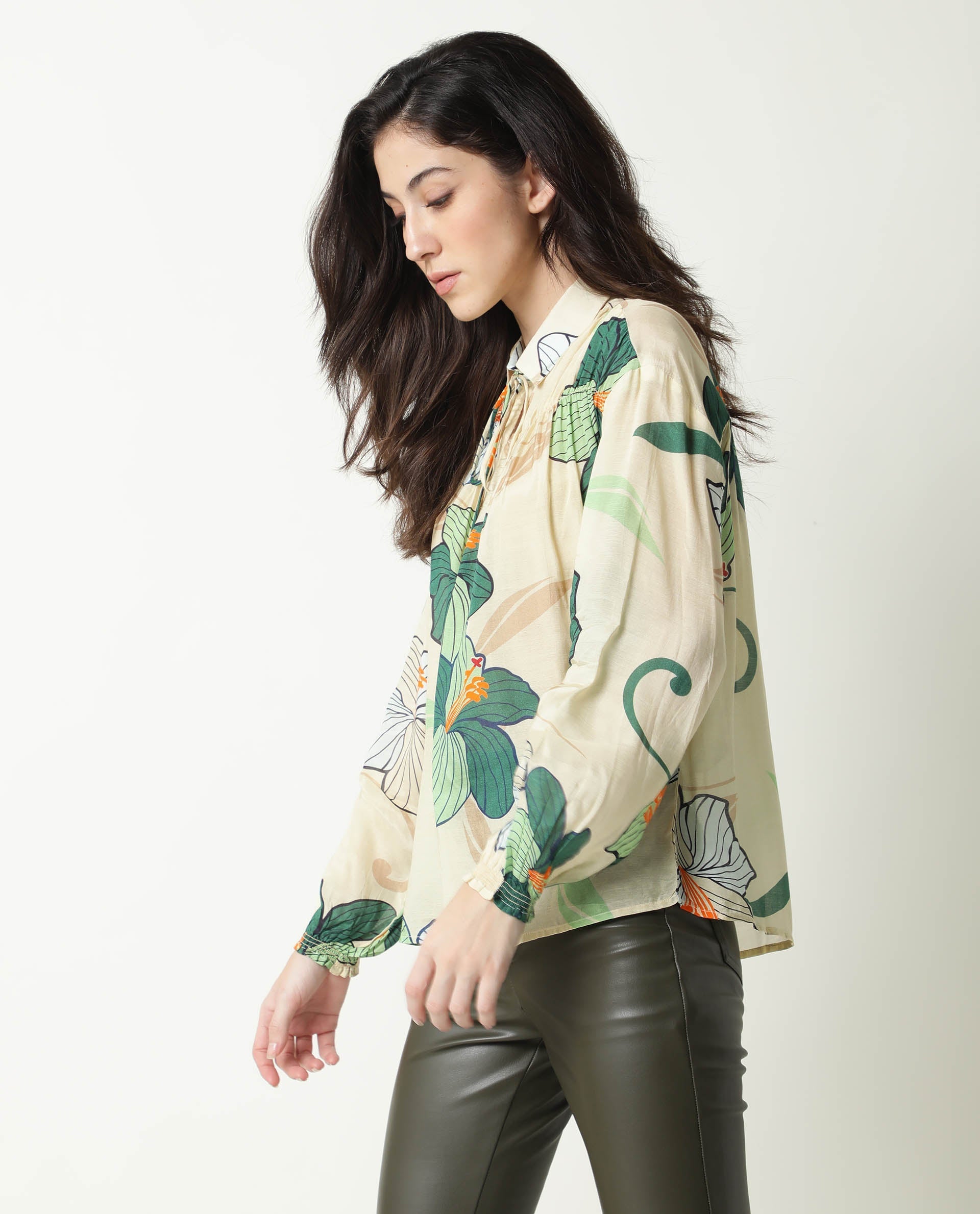 Rareism Womens Kalina Off White Top Cotton Silk Fabric  Full Sleeve Key Hole Neck