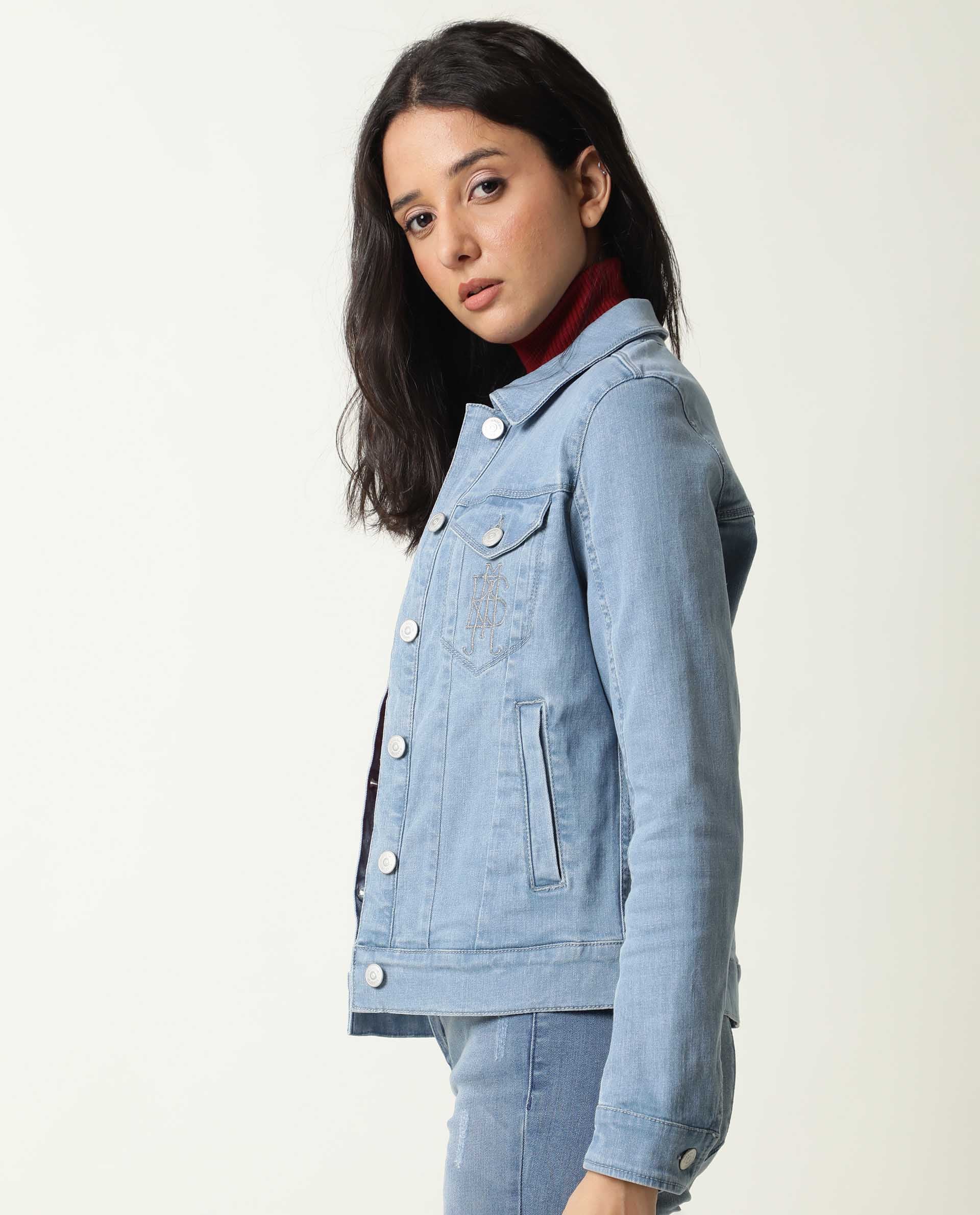 Rareism Women Misso Light Blue Cotton Lycra Fabric Full Sleeves Solid Shirt Collar Jacket